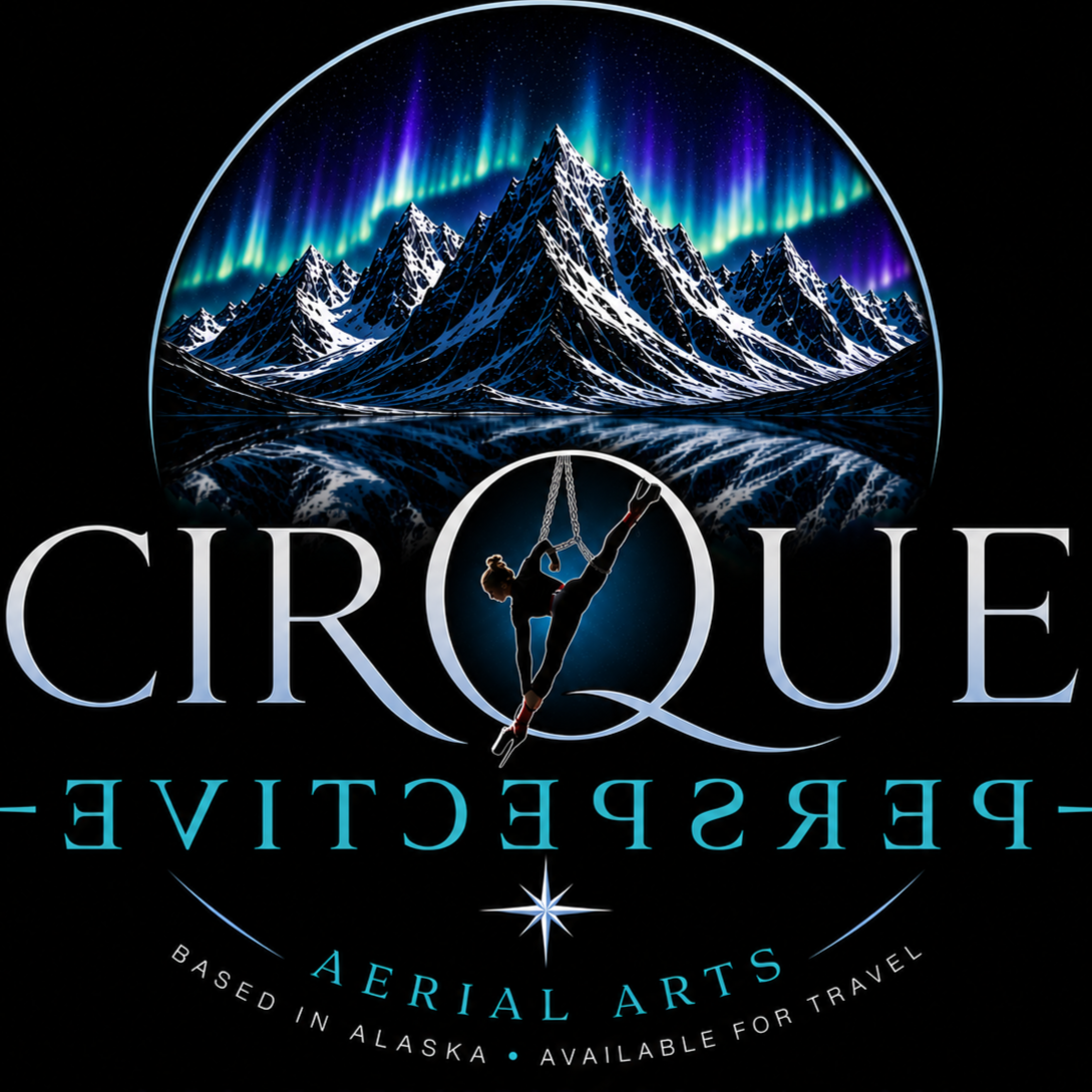 Logo for Cirque Perseverance, an aerial arts group based in Alaska, featuring a mountain and northern lights with a silhouette of an aerialist performing.