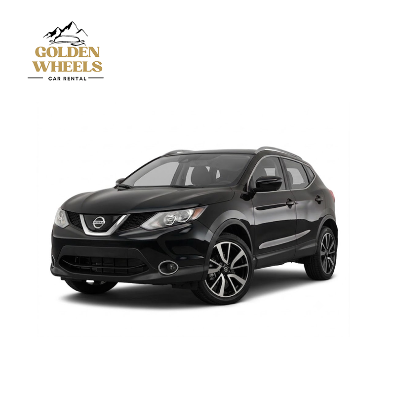 Black Nissan SUV on a white background with Golden Wheels Car Rental logo in the top left corner.