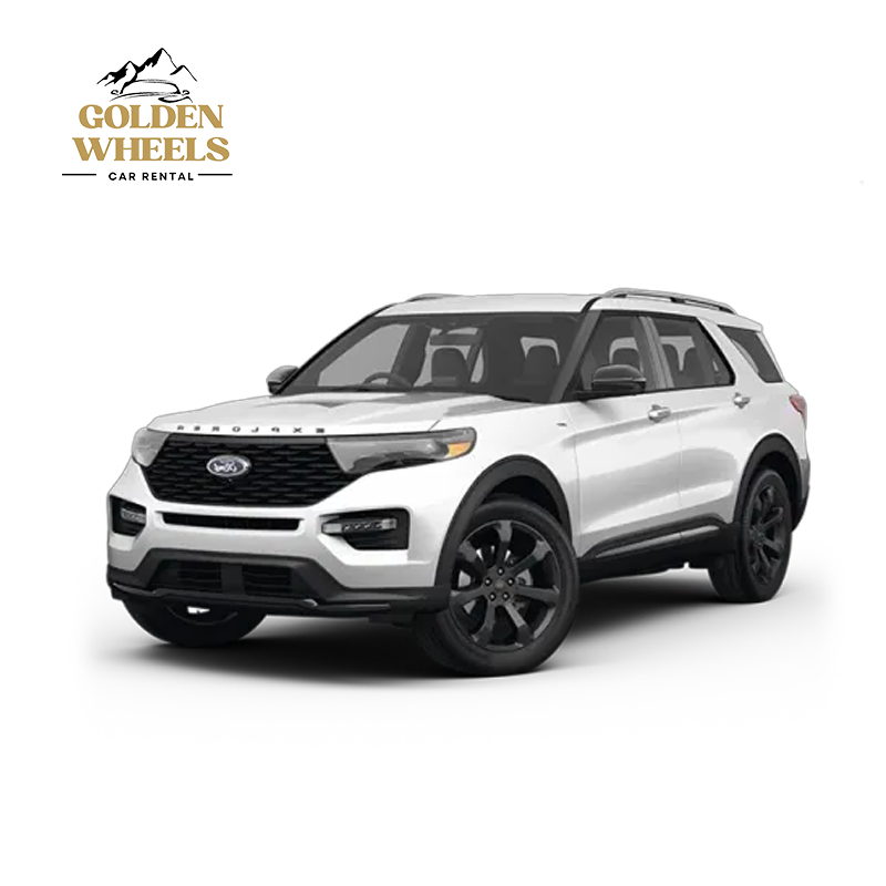 White Ford SUV with black wheels, shown in a promotional image for Golden Wheels Car Rental.