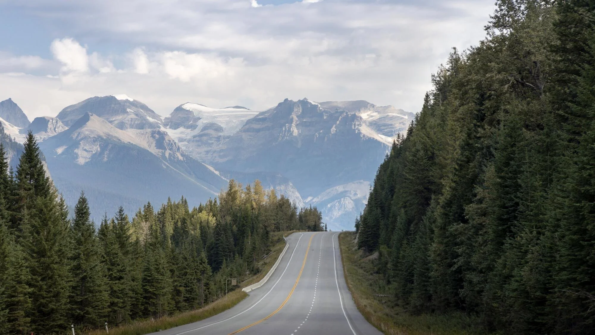 A winding road through a lush forest leading to snow-capped mountains under a partly cloudy sky.