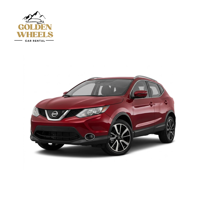 Red Nissan SUV in front of a white background with Golden Wheels Car Rental logo in the upper left corner.
