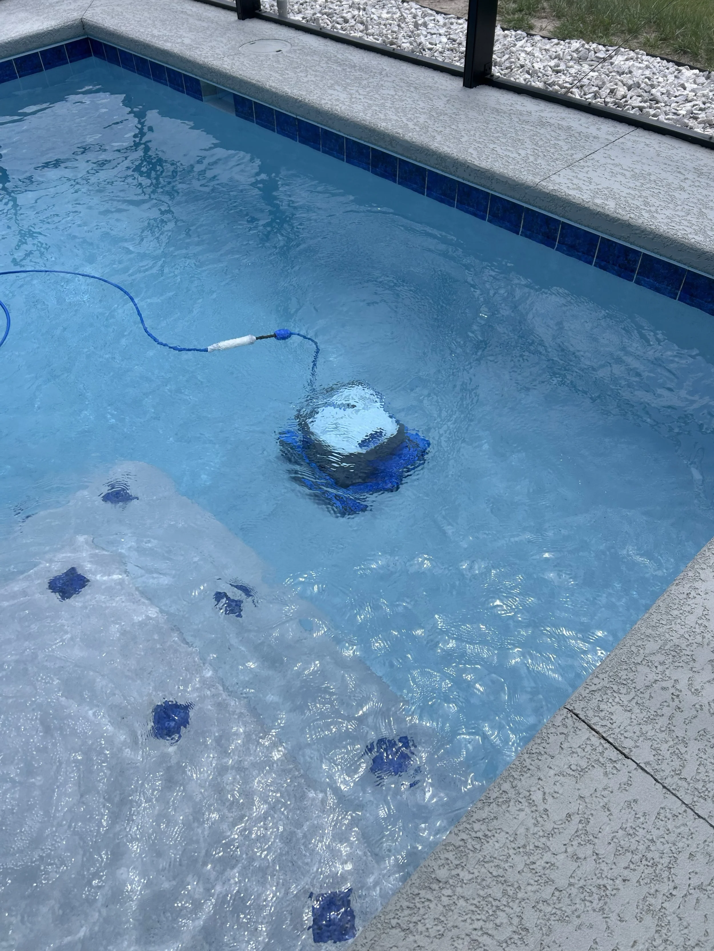 An outdoor swimming pool with clear blue water, a blue tile border, and a concrete deck with white textured surface, enclosed by a glass fence with gravel and grass beyond.