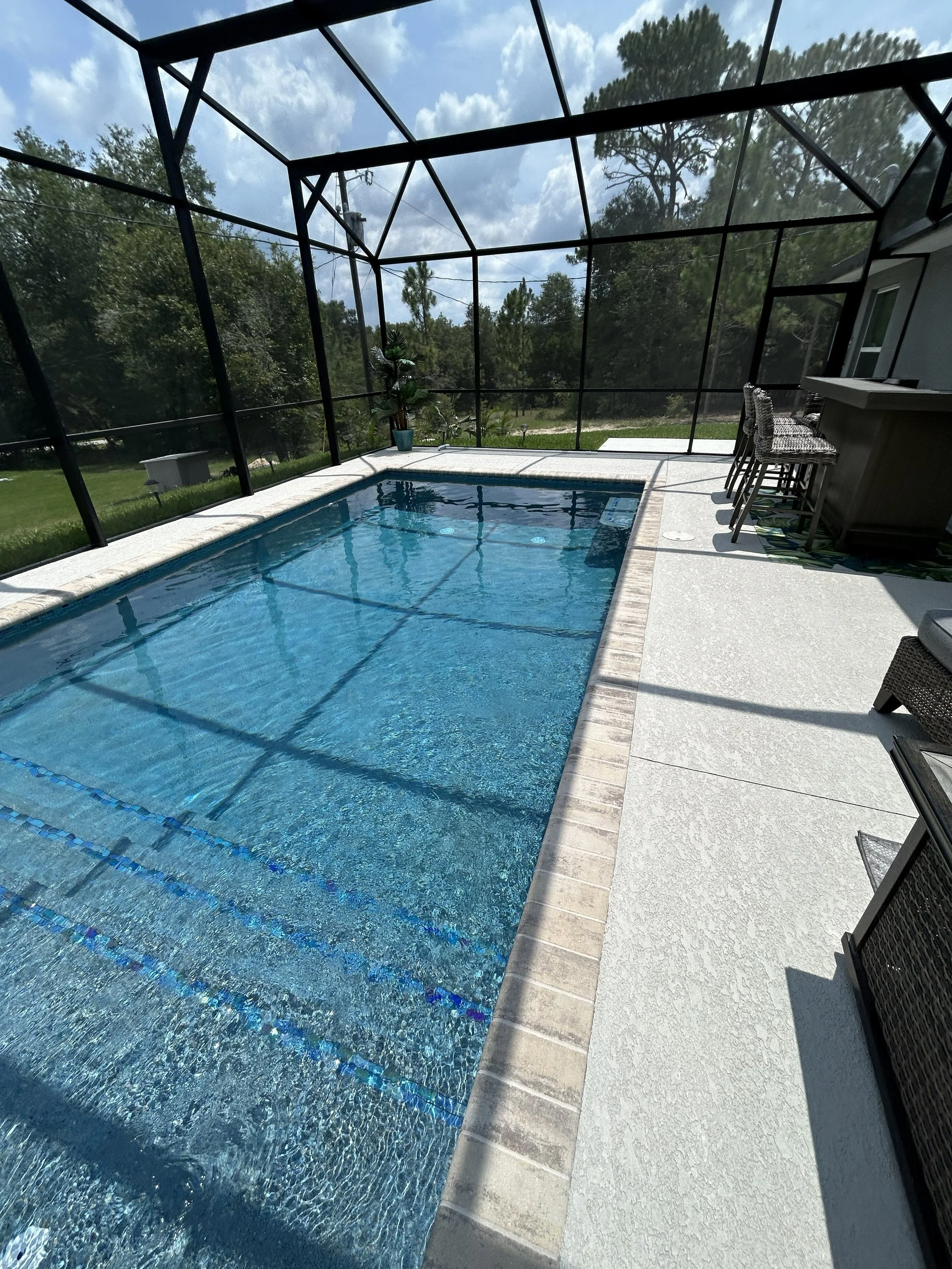An enclosed backyard swimming pool area with a small pool, outdoor bar with four bar stools, potted plant, and view of trees and a cloudy sky through a screened enclosure.