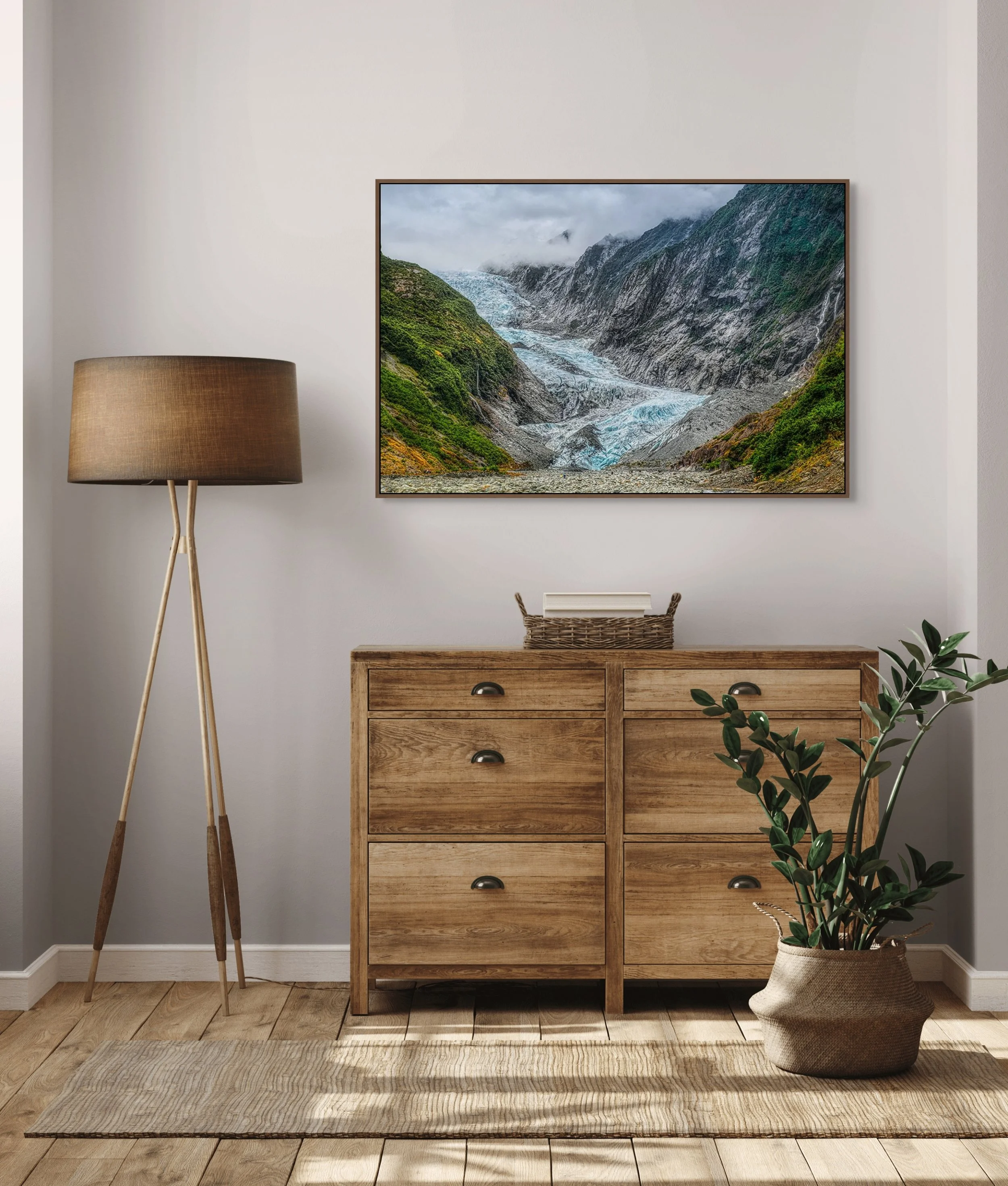 Franz Josef Glacier flowing through rugged alpine valley on New Zealand’s West Coast.