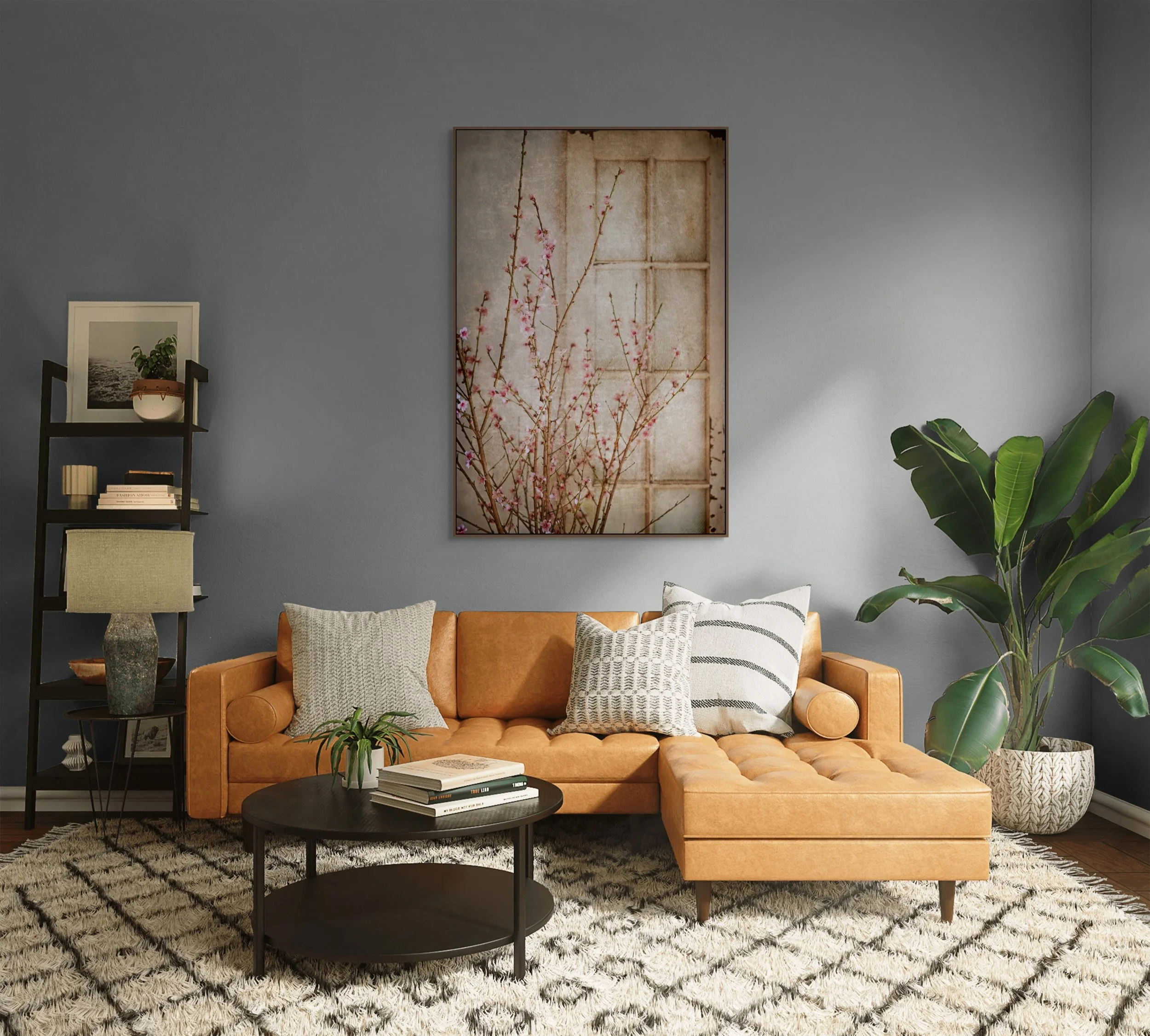 Delicate pink blossom branches against a rustic window background