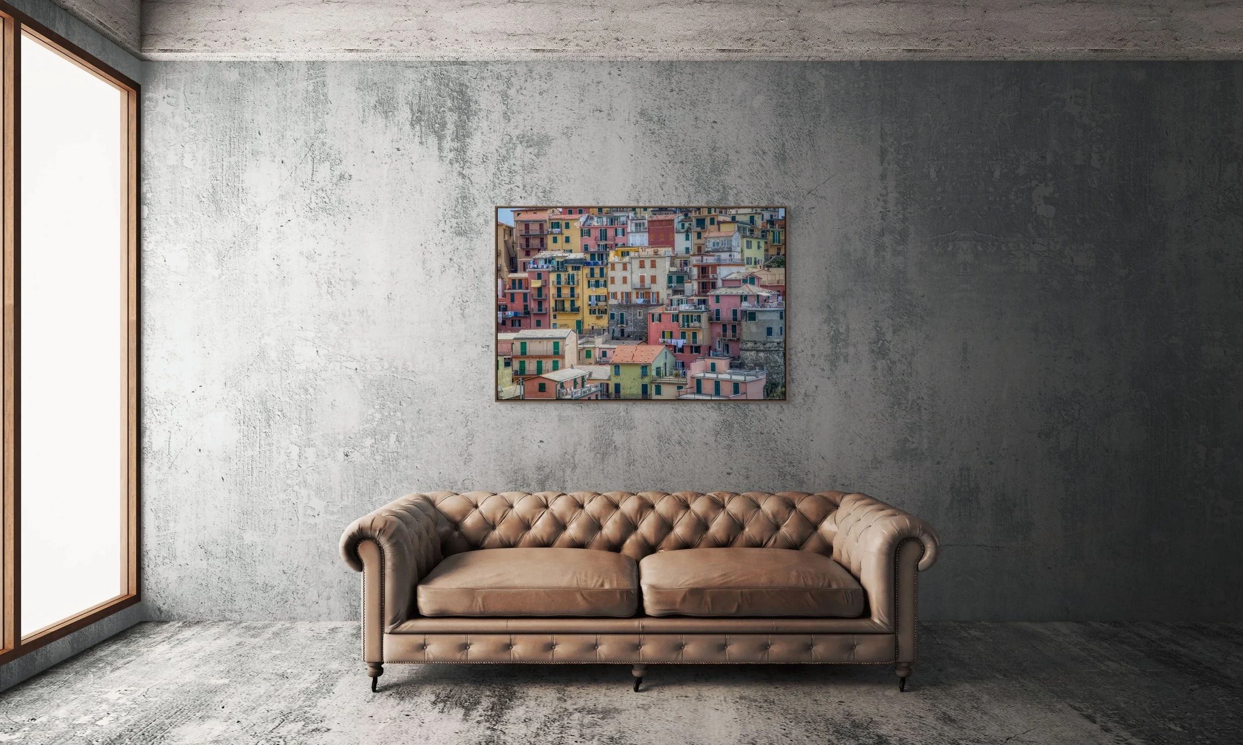 Colourful houses stacked on a hillside in Cinque Terre Italy.
