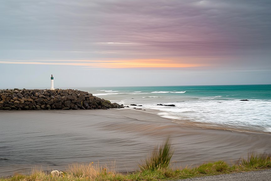 Lighthouse beacon on rocky coastline at sunset in Westport New Zealand.