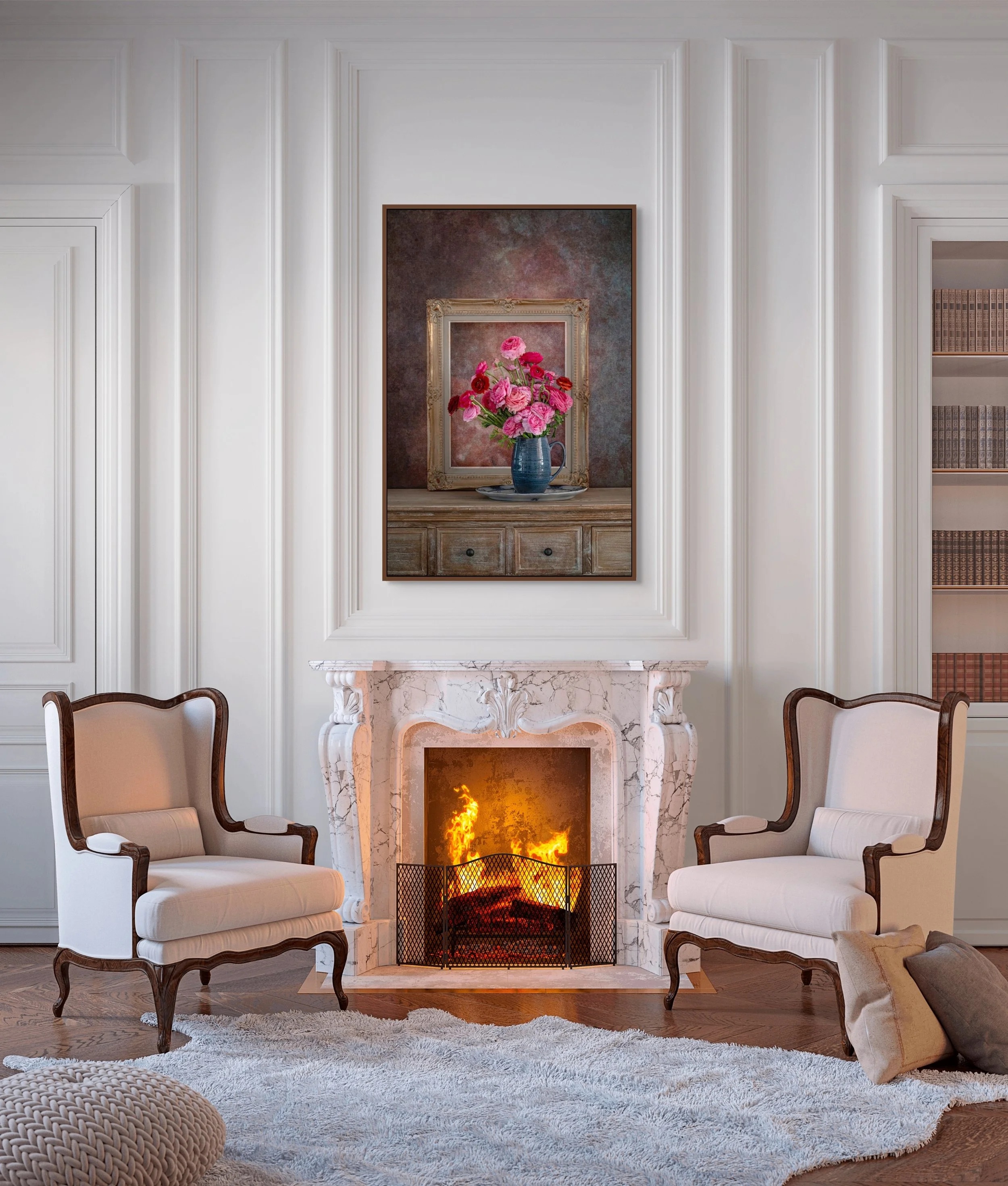 Pink and red ranunculus flowers in ceramic jug with vintage frame still life photography.