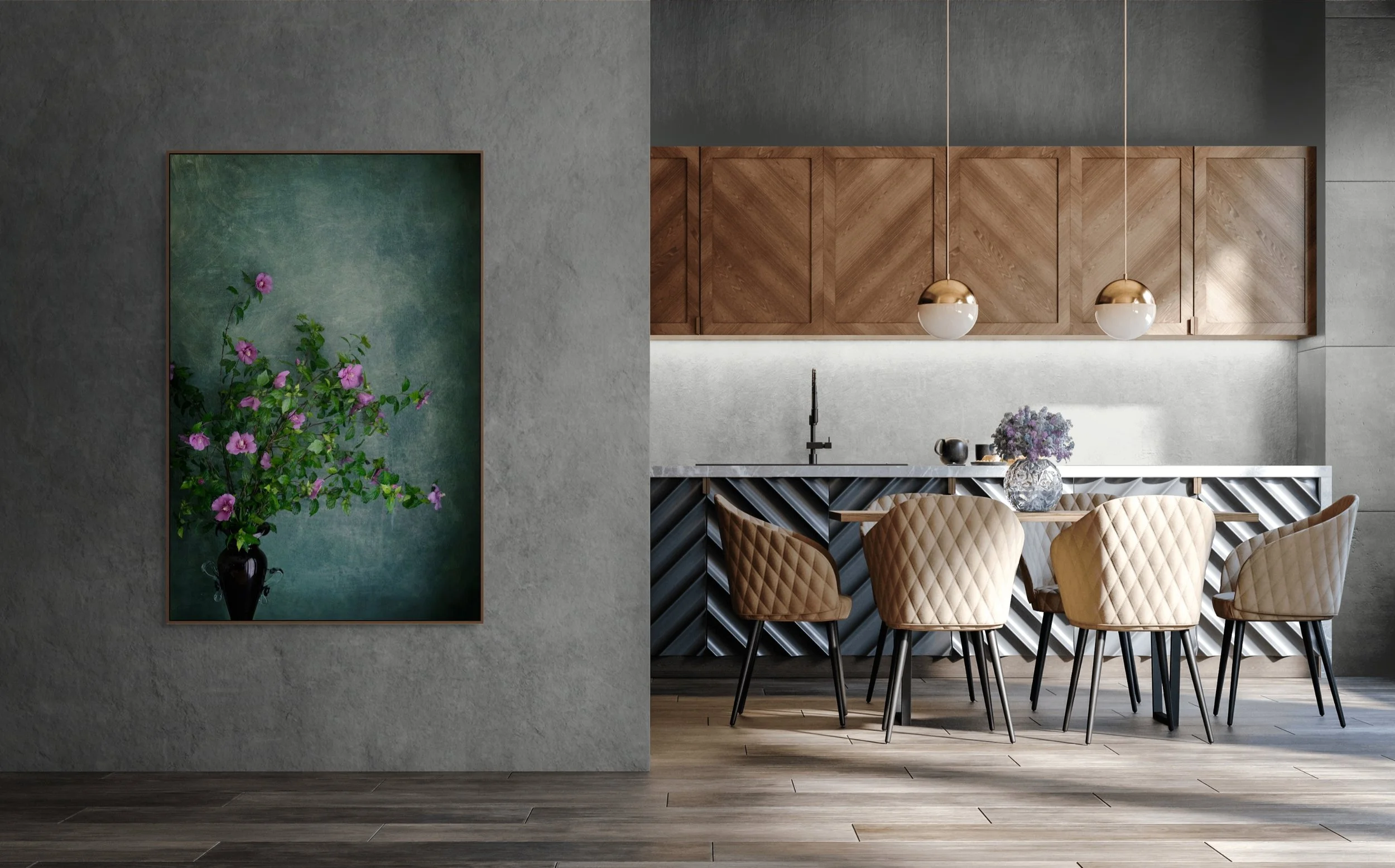 Pink hibiscus flowers arranged in a dark glass vase against a textured background.