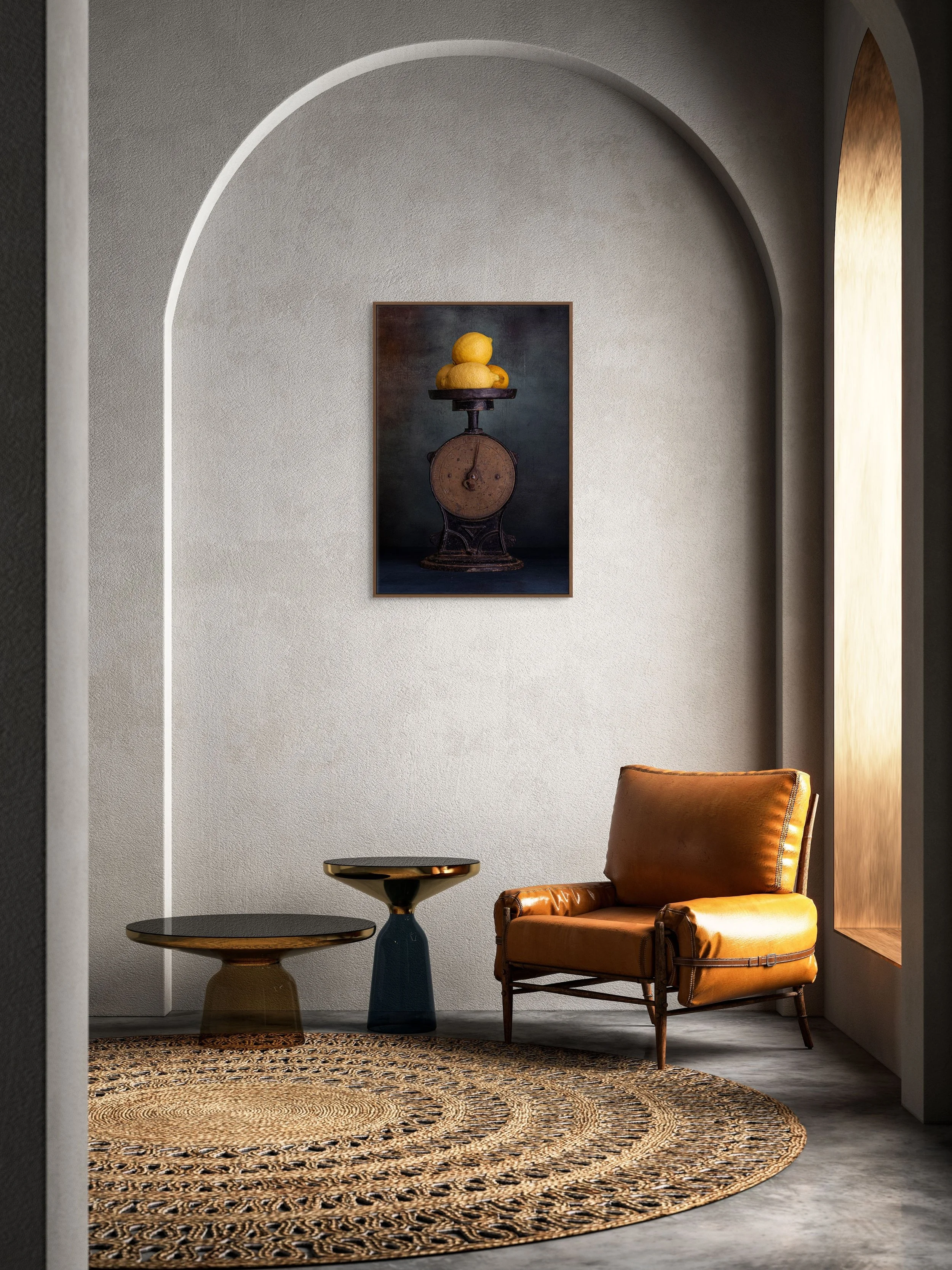 Yellow lemons stacked on a vintage kitchen scale against a textured background.