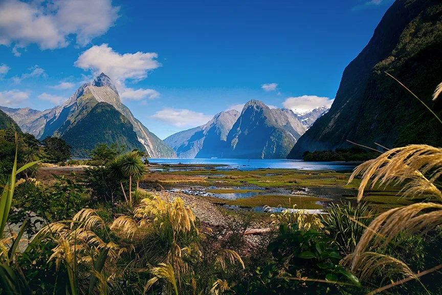 Mitre Peak rising above Milford Sound in Fiordland National Park New Zealand.