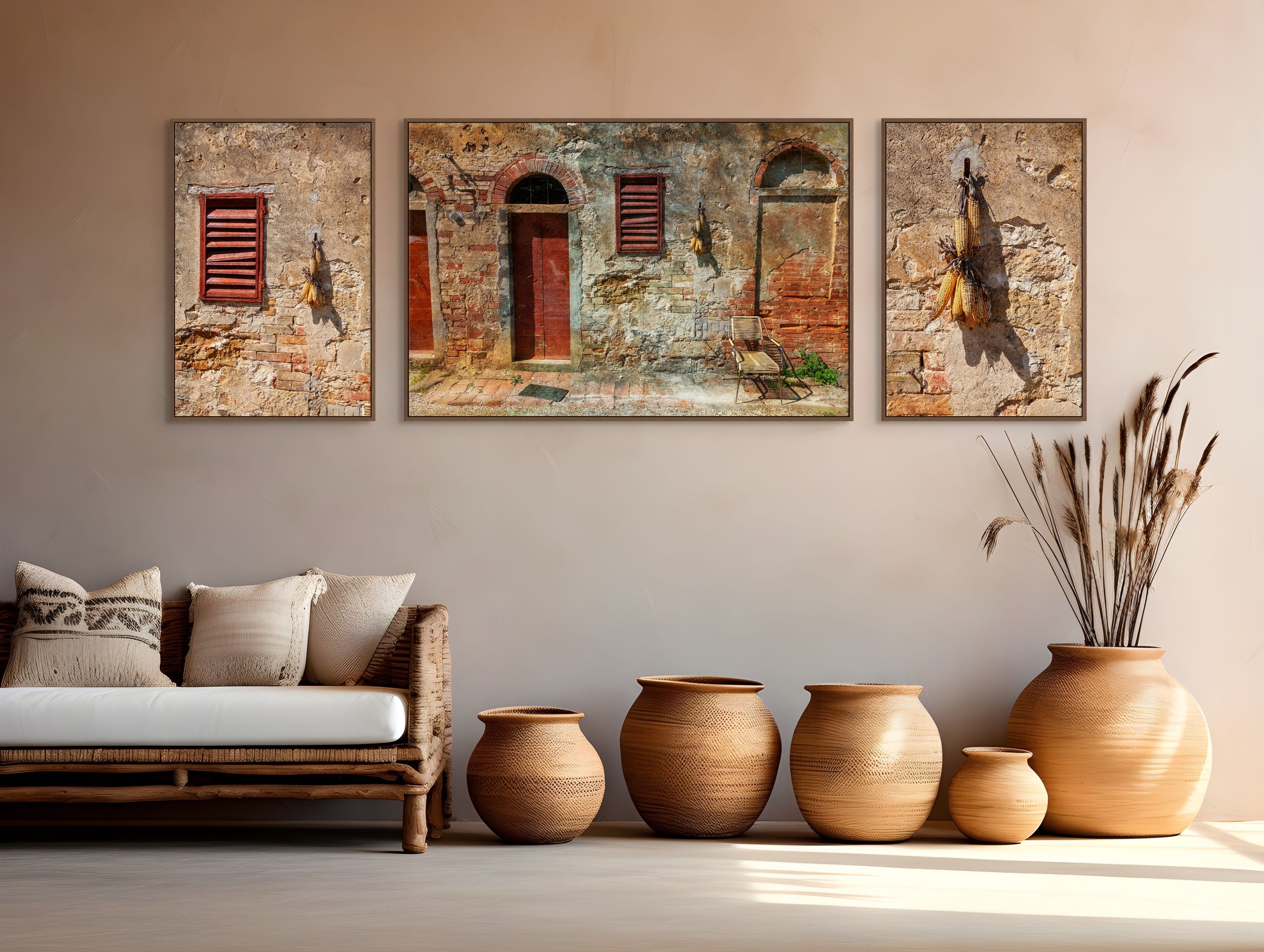 Rustic red window shutter on aged textured wall with hanging dried corn.