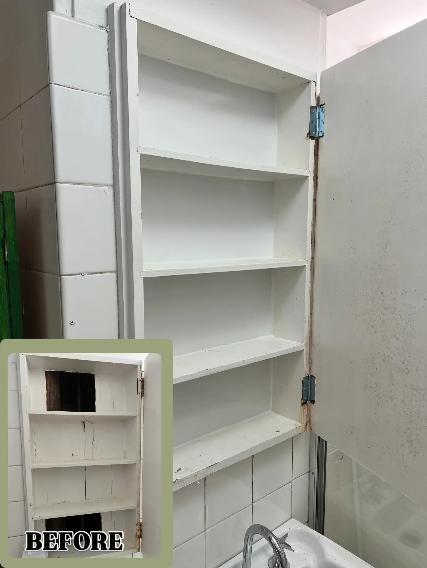 Repaired backing for this built in shaving cabinet. This unit had suffered a water leak from an upstairs neighbour, damaging the backing board and rusting solid the hinges. 

↙️ Have a look at the condition we found it in

📞 Contact us today for an 