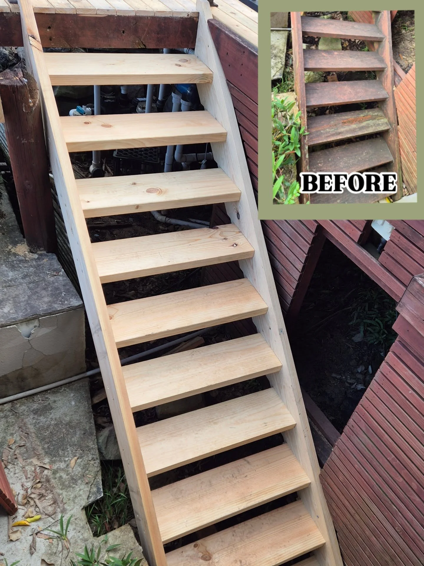 A new staircase for this heavily weathered deck in #cromer . This was a tight space to fit the new stairs into between two existing structures, with custom cut stringers to account for the space. 

↗️ Have a look at the condition it was in originally