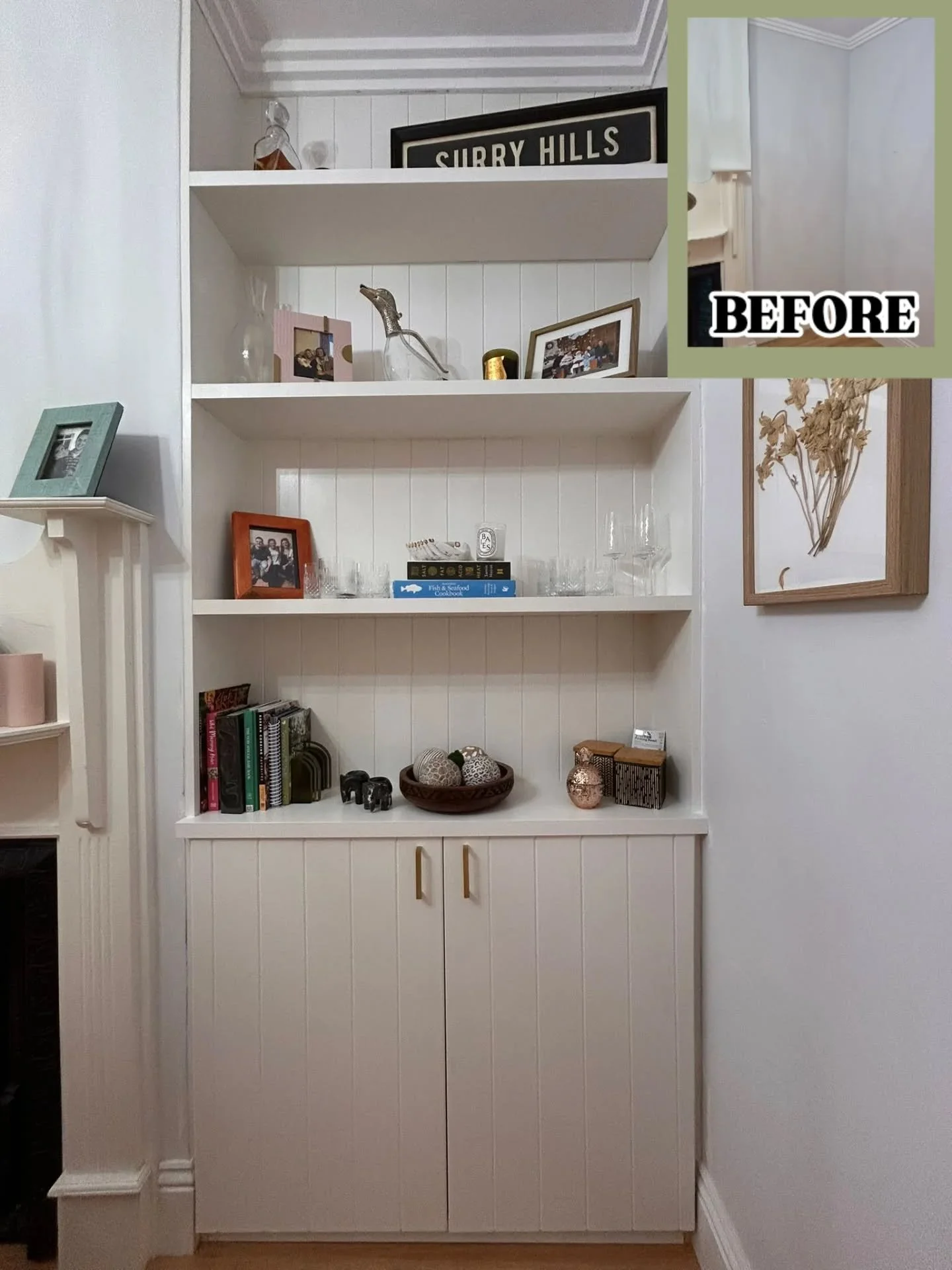 Custom built cabinetry for this beautiful terrace in #manly . With a non-standard size and not-quite-straight walls this alcove needed a bespoke solution. The combination of VJ panelling and timber shelves suited this property perfectly. 

↗️ Look at