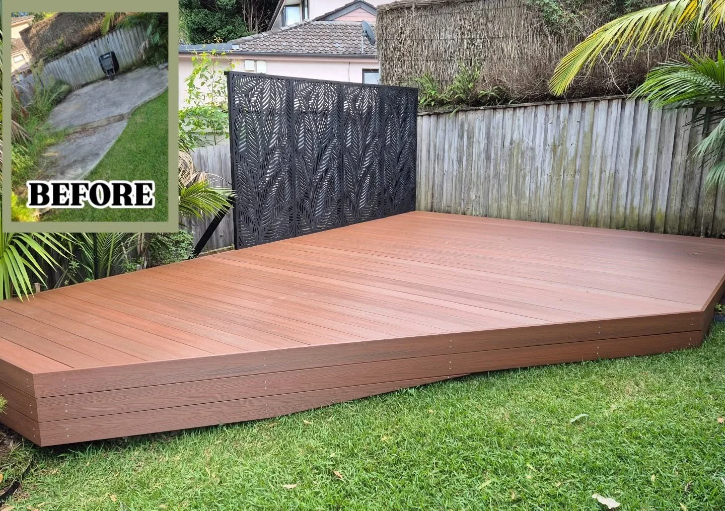 New deck build and privacy screen for this property in #frenchsforest . We used a wood composite decking board for a low maintenance solution for the long term. Really enjoyed this project, thanks for the trust!

↖️ Look at the bare concrete pad befo