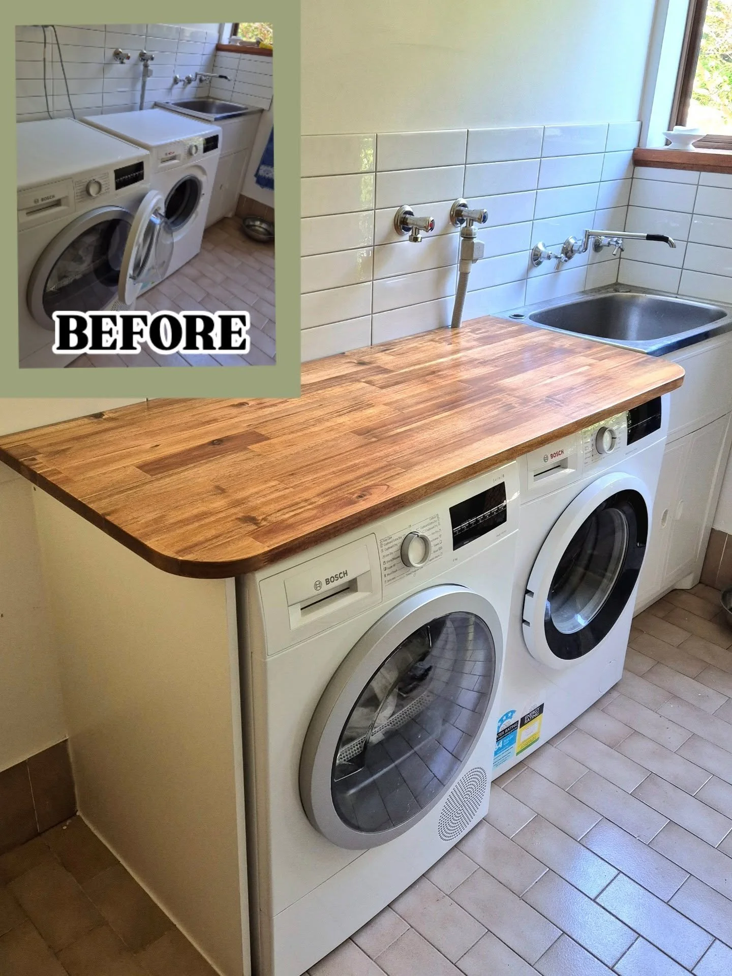 Custom laundry bench top for this laundry in #collaroy . Our client wanted a bench to put the laundry on and to make the machines look built in. White cabinetry and a sealed hardwood top panel tied this space in with the rest of the house.

↖️ Look a