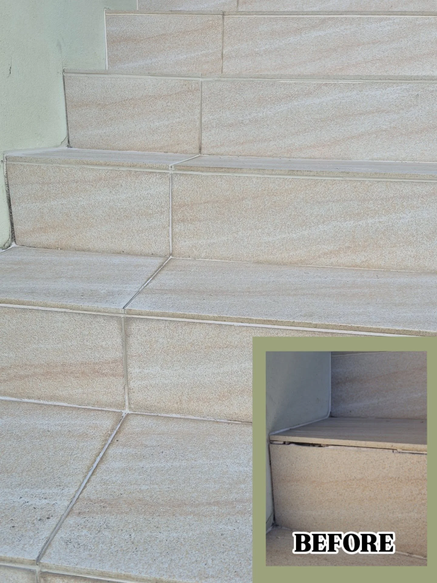 Grout repair for this property in #killarneyheights . Over the years the settling of this property had cause the grout in this staircase to crack and deteriorate. We removed the old grout and replaced with a travertine matched colour.

↘️ Look at the