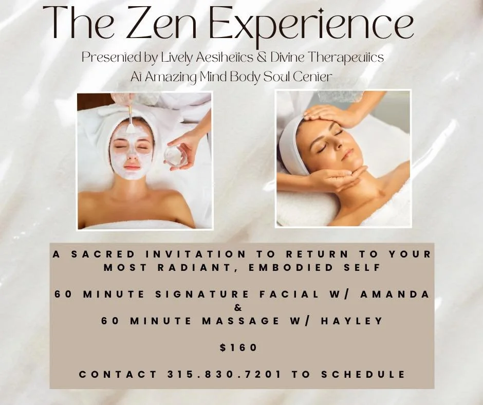 ✨ The Zen Experience ✨
A sacred invitation to return to your most radiant, embodied self.

Enjoy a 60-minute Signature Facial with Amanda, using holistic, skin-nourishing products that leave you glowing from the inside out. Then, or in any order you 