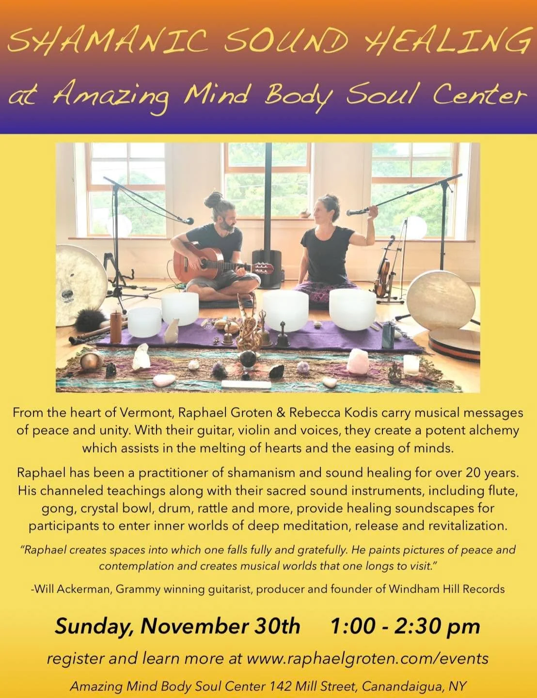 From the heart of Vermont, Raphael Groten &amp; Rebecca Kodis carry musical messages of peace and unity. With their guitar, violin and voices, they create a potent alchemy which assists in the melting of hearts and the easing of minds. 

Raphael has 