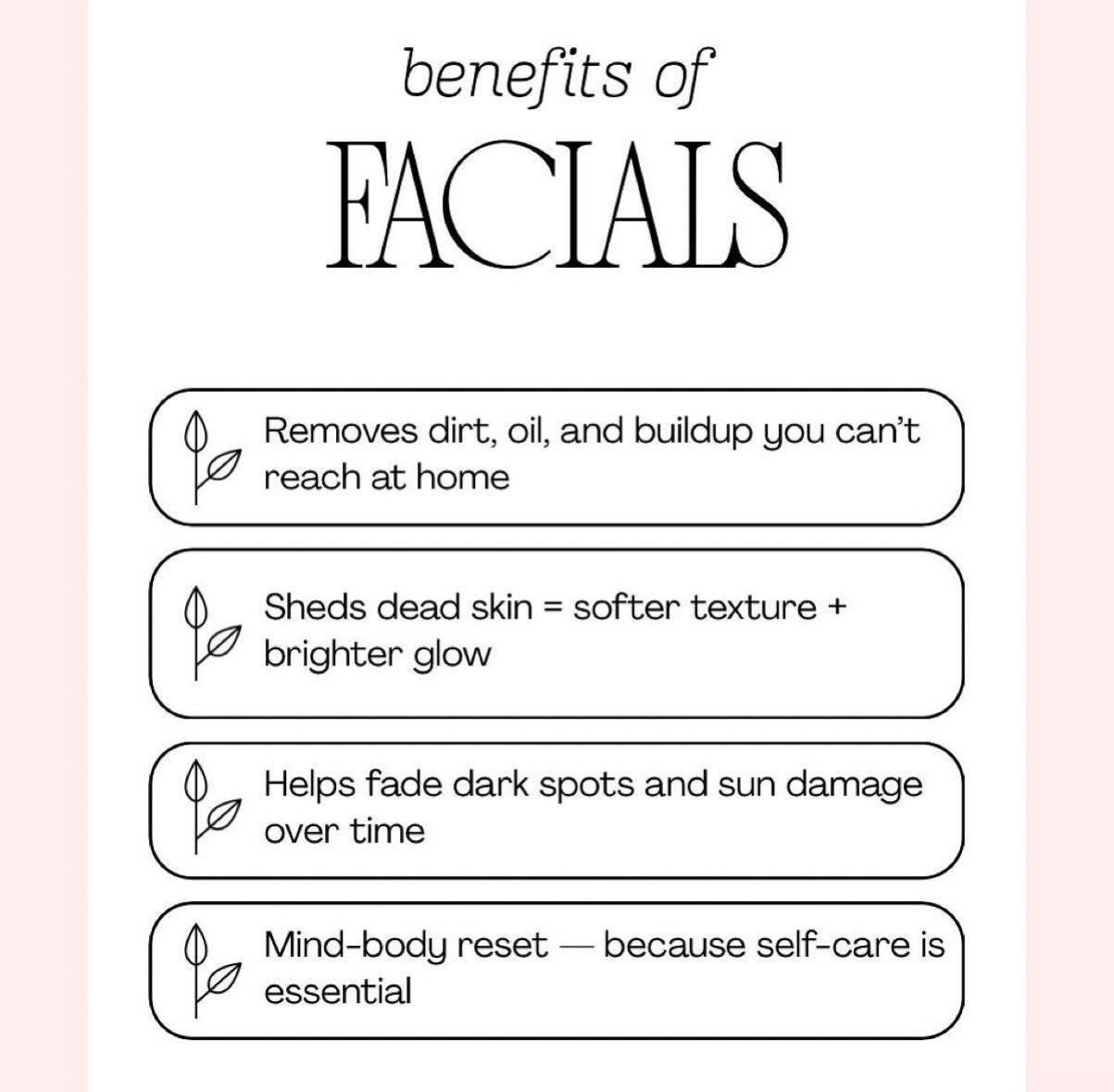 Did you know that receiving a monthly facial reduces the signs of again? Give your skin the consistency it deserves 🤍

🌿 Deep Cleansing
Removes dirt, oil &amp; buildup you can&rsquo;t reach at home&mdash;keeping pores clear. 

💧 Hydration Boost
Re