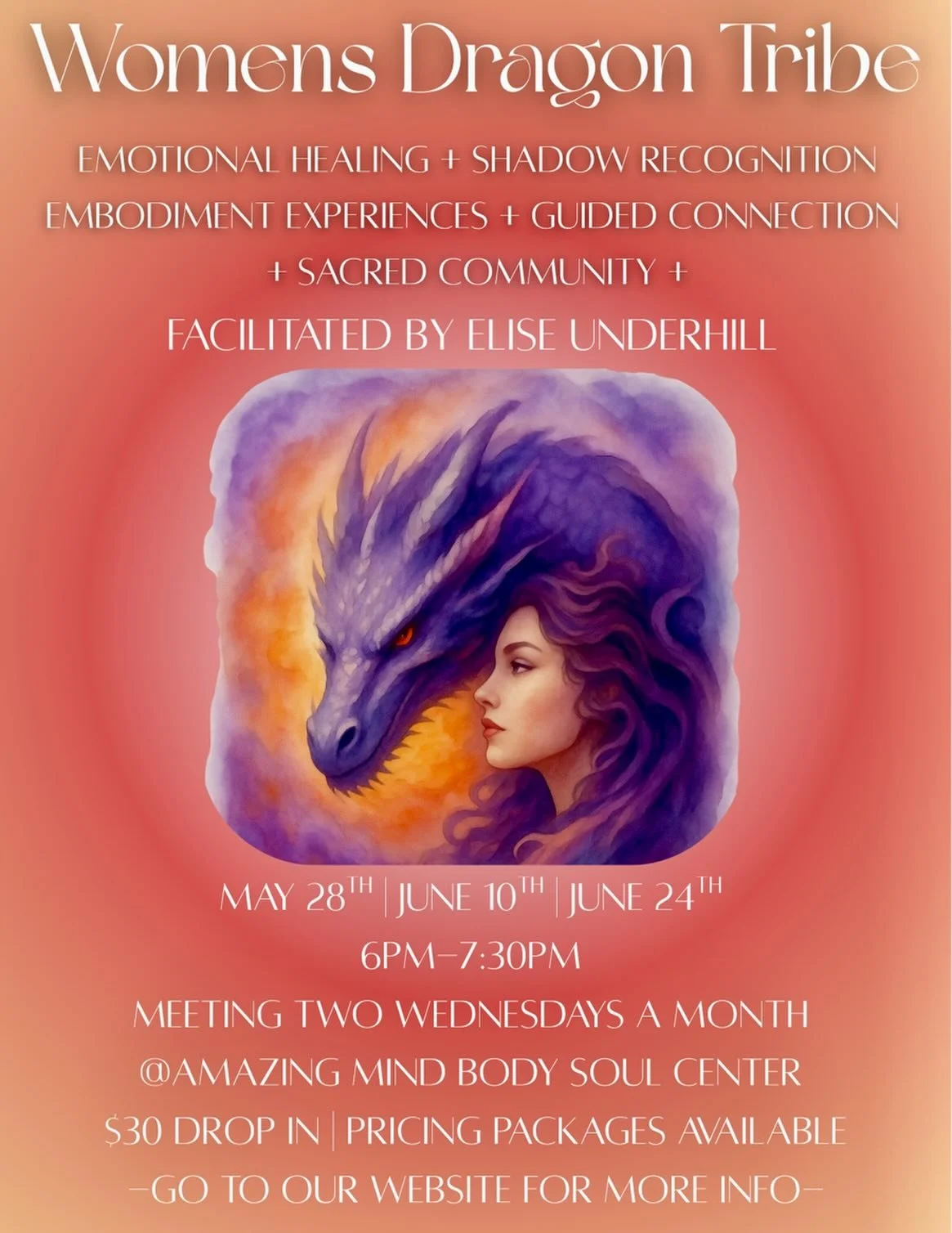 Womens Dragon Tribe is a New and completely in depth Womens circle that will gather twice a month on every other Wednesday evening. This Group is facilitated by Elise, and is all about creating a deeper relationship with our entire being through the 