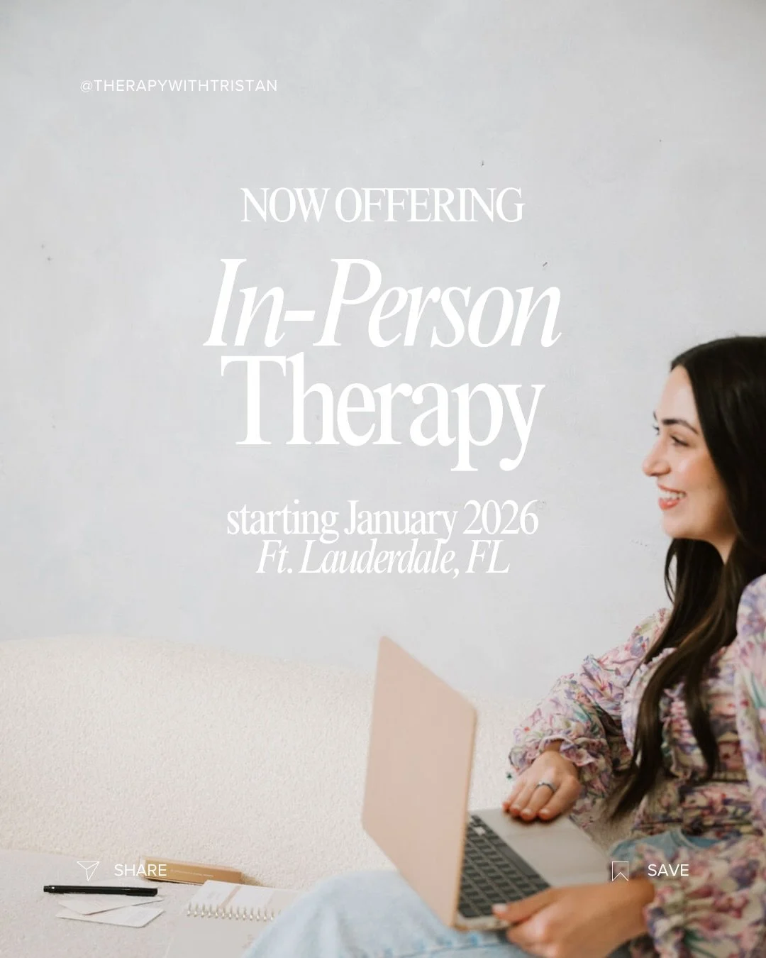✨In-Person Therapy Begins January✨

I&rsquo;m beyond thrilled to share that I&rsquo;ll be offering in-person therapy sessions in the Fort Lauderdale area starting this January!

Being in the same room allows for grounding, real-time support, and subt