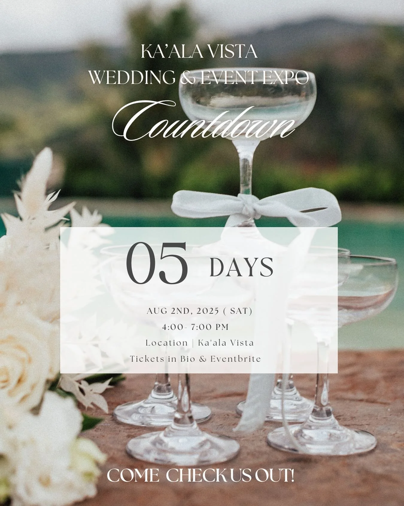 🚨 Countdown to the Kaala Vista Wedding &amp; Event Expo! 🚨
We&rsquo;re just 1 week away! If you didn&rsquo;t win tickets, don&rsquo;t worry &mdash; you can still join us for an incredible day of inspiration, exclusive discounts, live performances, 