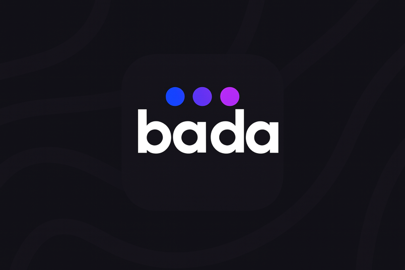 Bada app logo with three dots in blue, purple, and pink against a dark background.