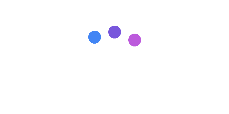 Three purple, violet, and blue balls moving in a curved trajectory with a dotted line trail behind them.