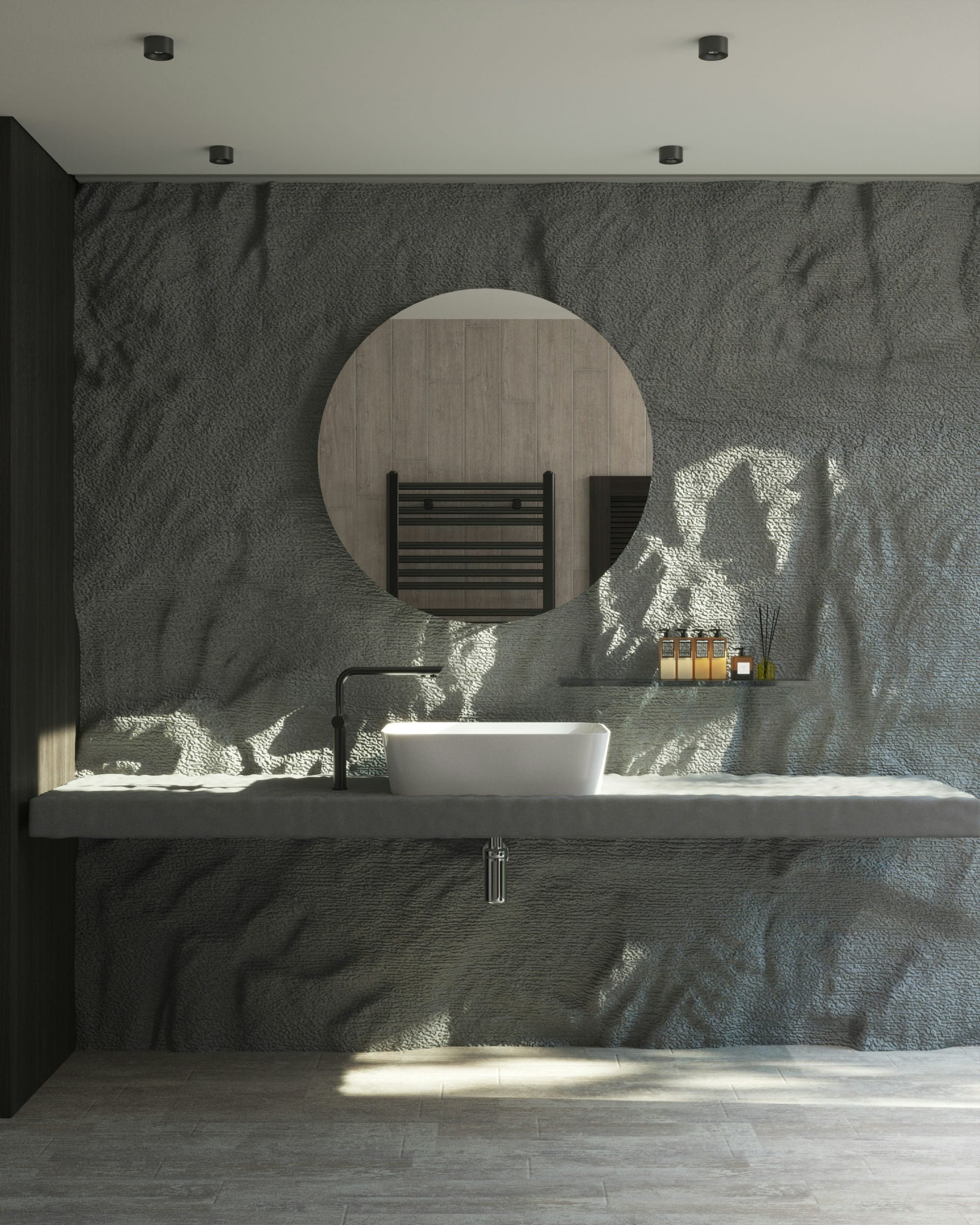 Bathroom interior with lights off illustrating sensory and material quality as part of Aether Interior’s Deep Discovery approach.