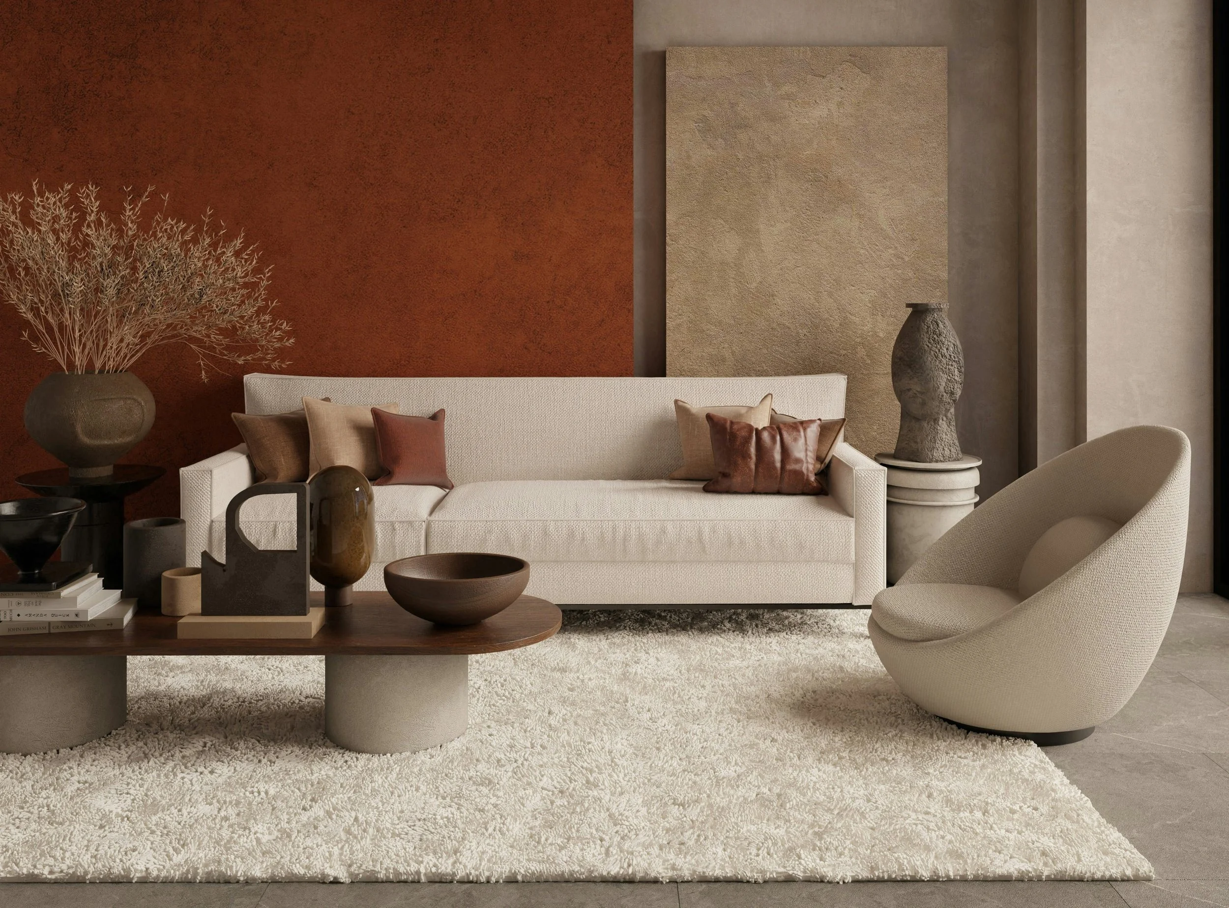 Bespoke interior design living room featuring tailored furniture warm tones and balanced spatial composition
