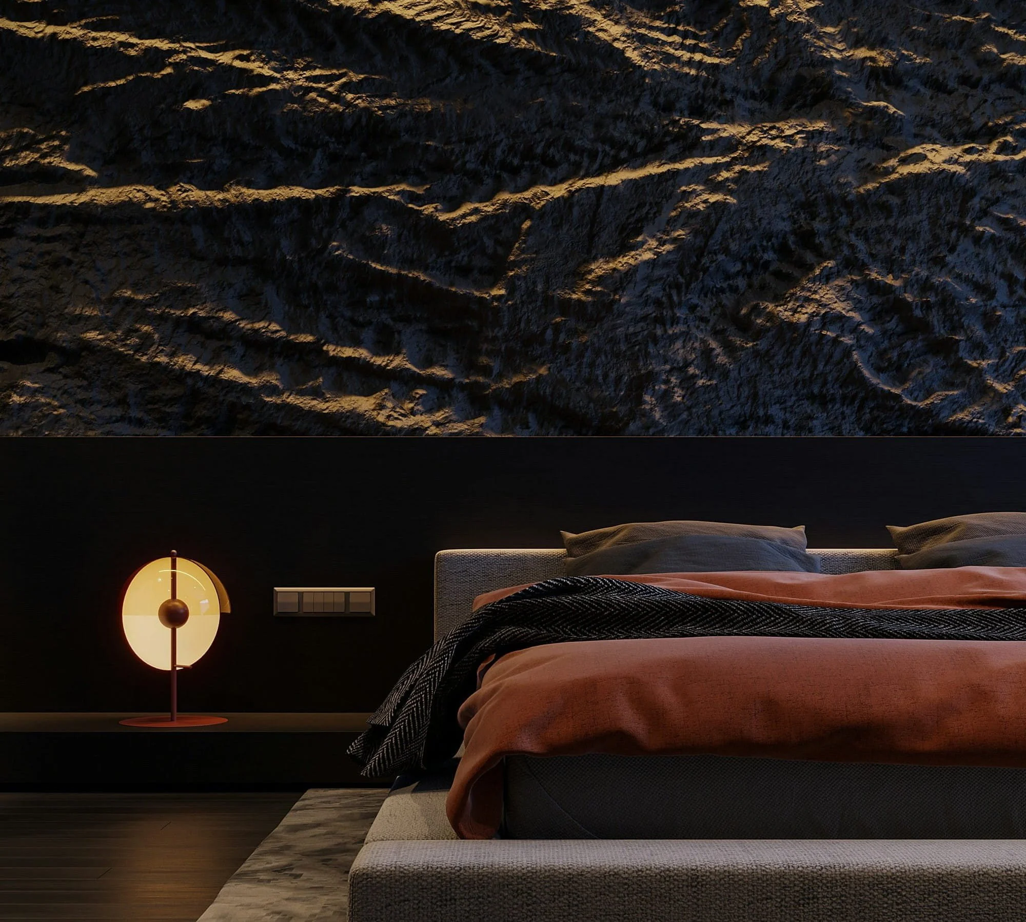 Textured bedroom wall and layered materials illustrating craftsmanship in bespoke interior design