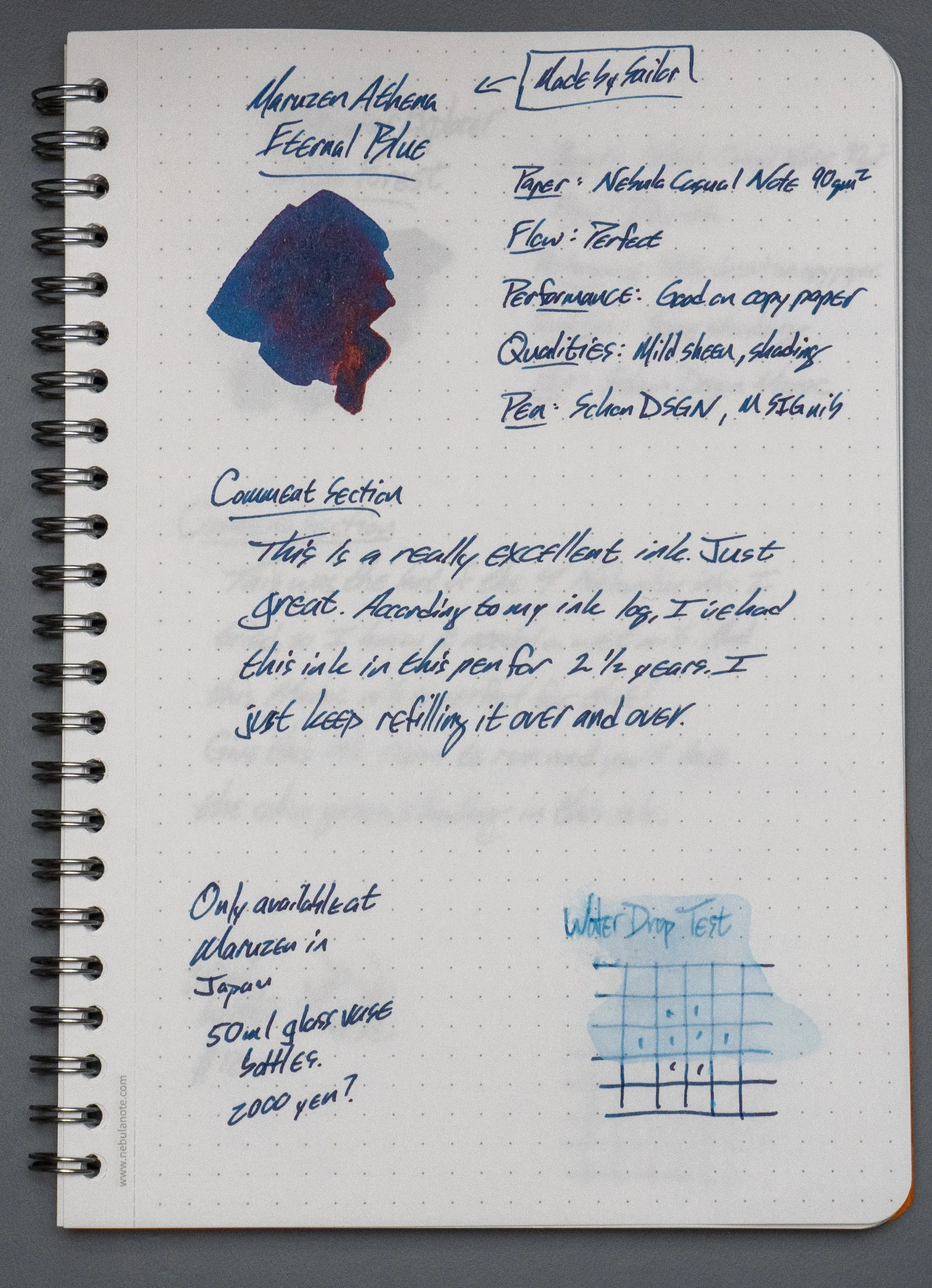 Text and swatch of this blue ink from the Maruzen Athena Eternal line. It's a stunner.