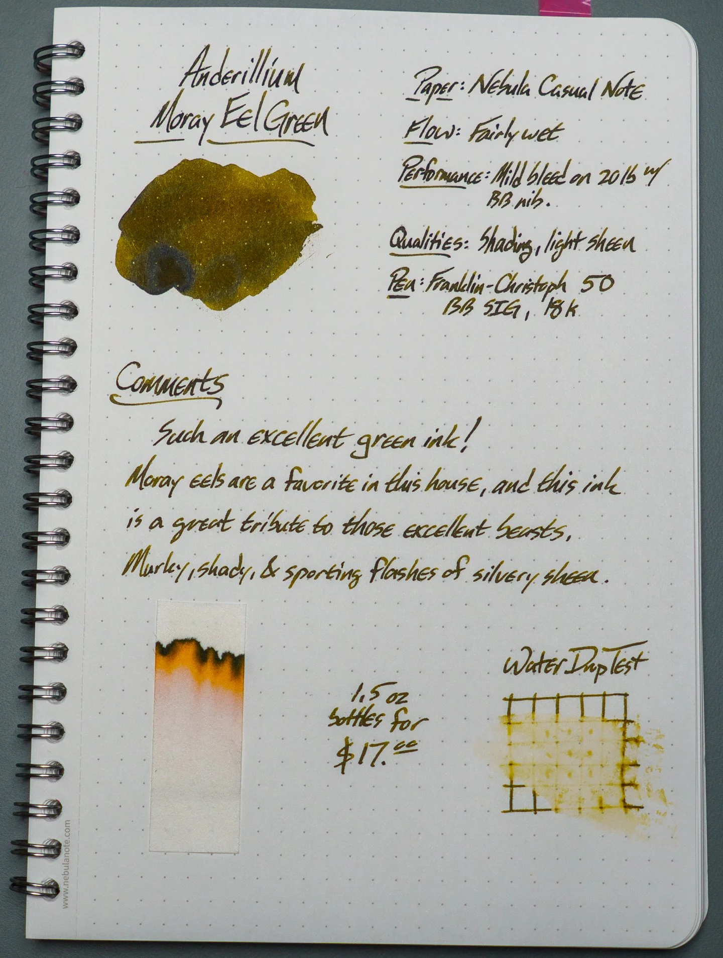 Anderillium Moray Eel review sheet on Nebula Casual Note. It's a murky yellow-green fountain pen ink.