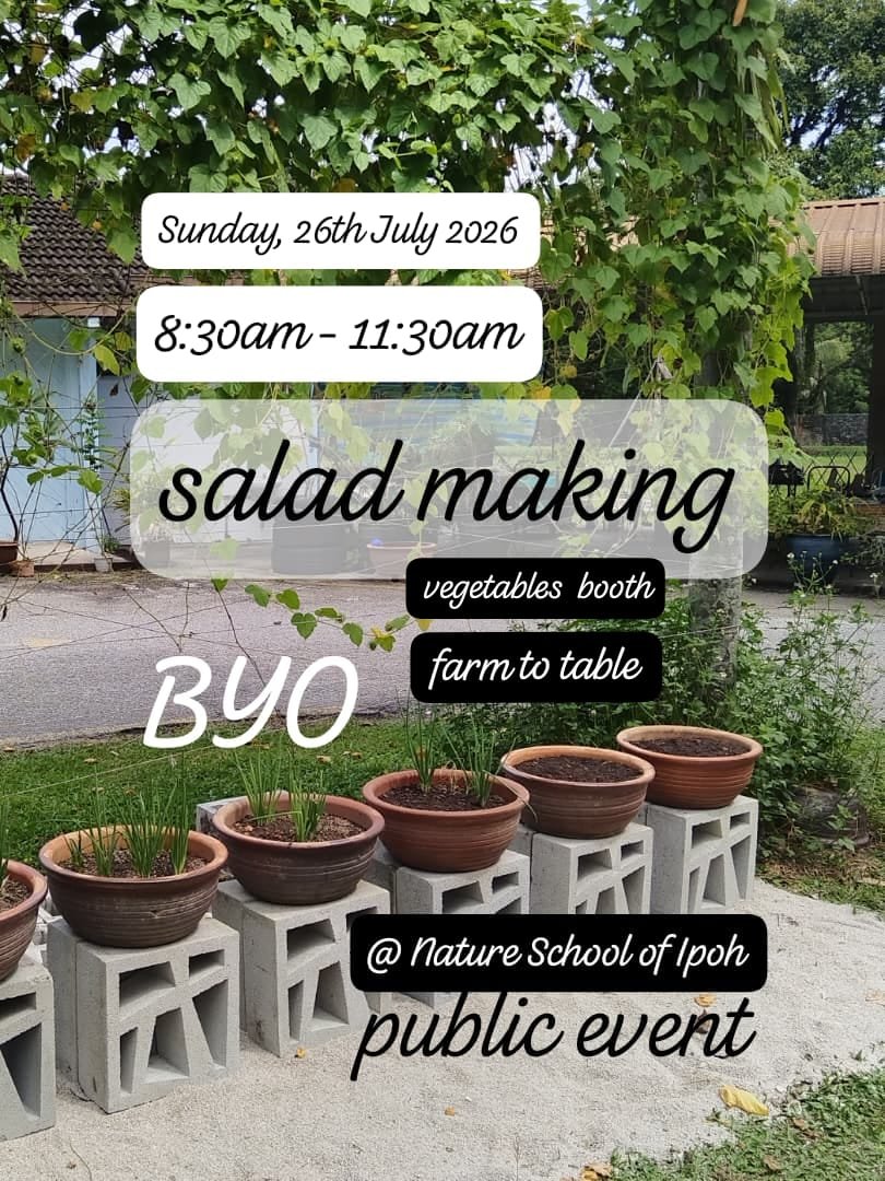Announcement for a salad making event on July 26th, 2026, from 8:30am to 11:30am at the Nature School of Ipón, with a vegetable booth and farm-to-table theme, depicted on a garden background with potted plants.