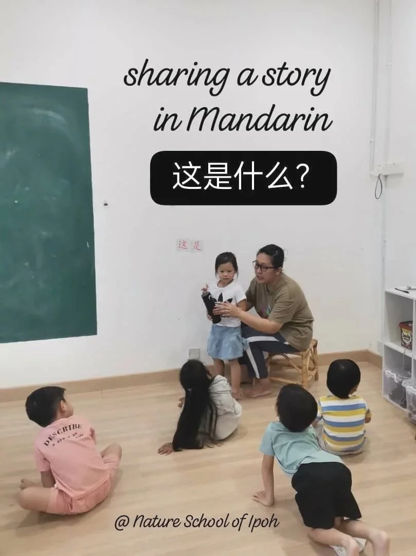 A classroom setting with a teacher and young children. The wall has a sign that says 'sharing a story in Mandarin' in English and Chinese characters. The teacher is holding a book, and the children are sitting on the floor, facing her, with one girl standing nearby.