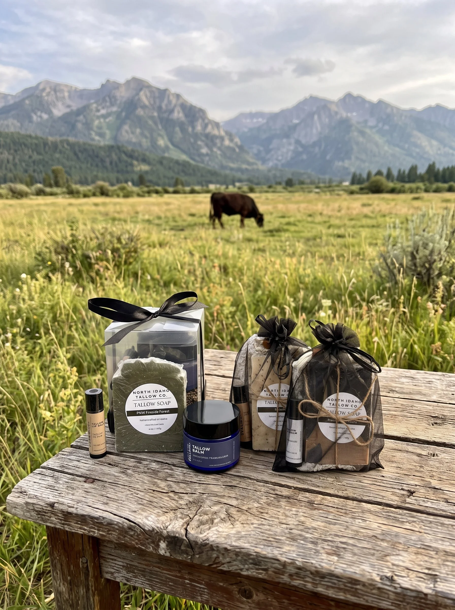 gift box and gift bag on a table with a cow in the background