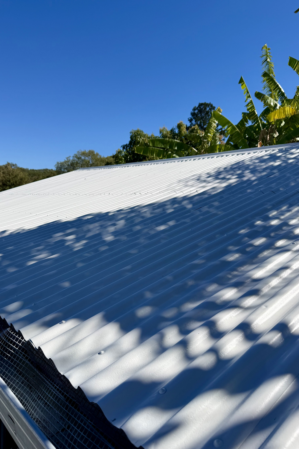 A freshly painted metal roof in Springsure after painting light grey.