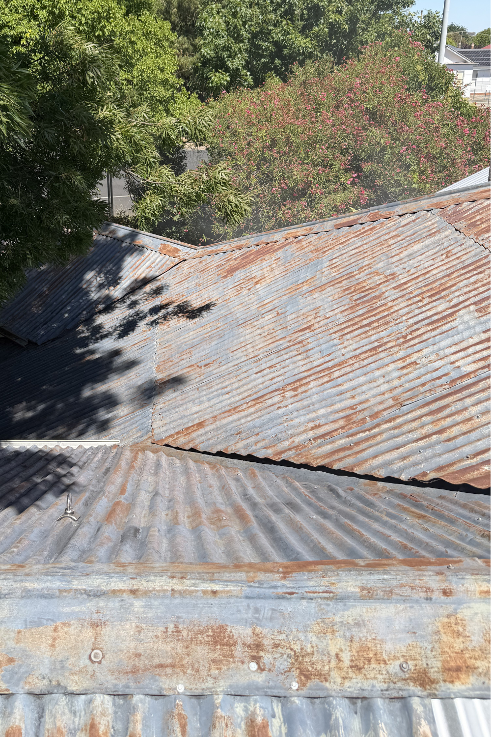 A rusty metal roof in Orange Creek prior to painting.