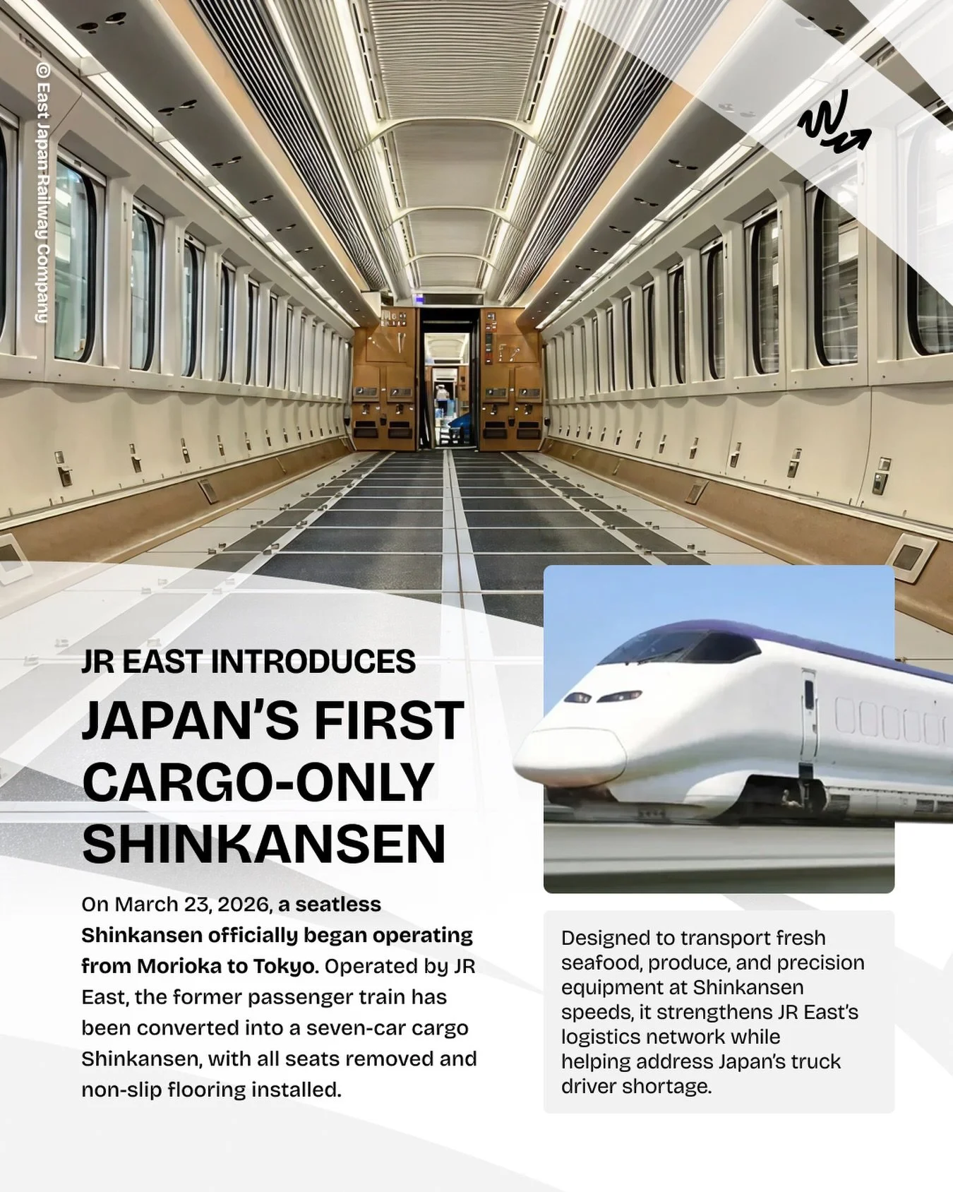 On March 23, 2026, a unique Shinkansen will begin operating from Morioka to Tokyo, this time without passengers.

Operated by JR East, the train has been converted into a seven-car cargo service by removing all passenger seats and installing non-slip