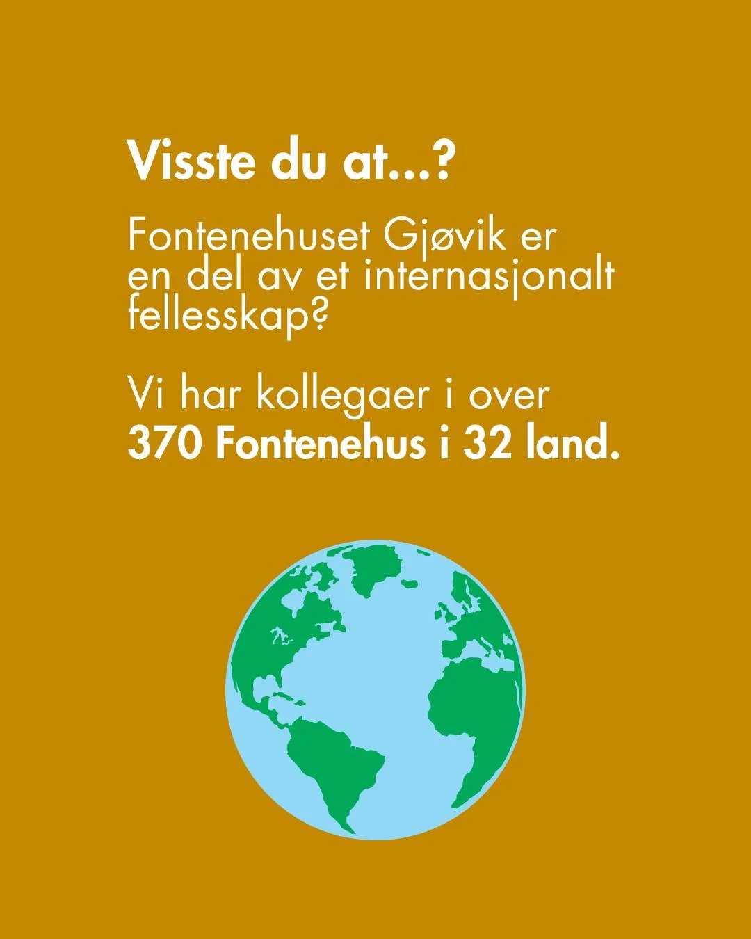 Visste du at Fontenehuset Gj&oslash;vik er en del av et globalt fellesskap med over 370 fontenehus i 32 land? 🌍
Sammen jobber vi for &aring; skape inkluderende m&oslash;teplasser der mennesker med psykiske helseutfordringer kan finne mening, tilh&os