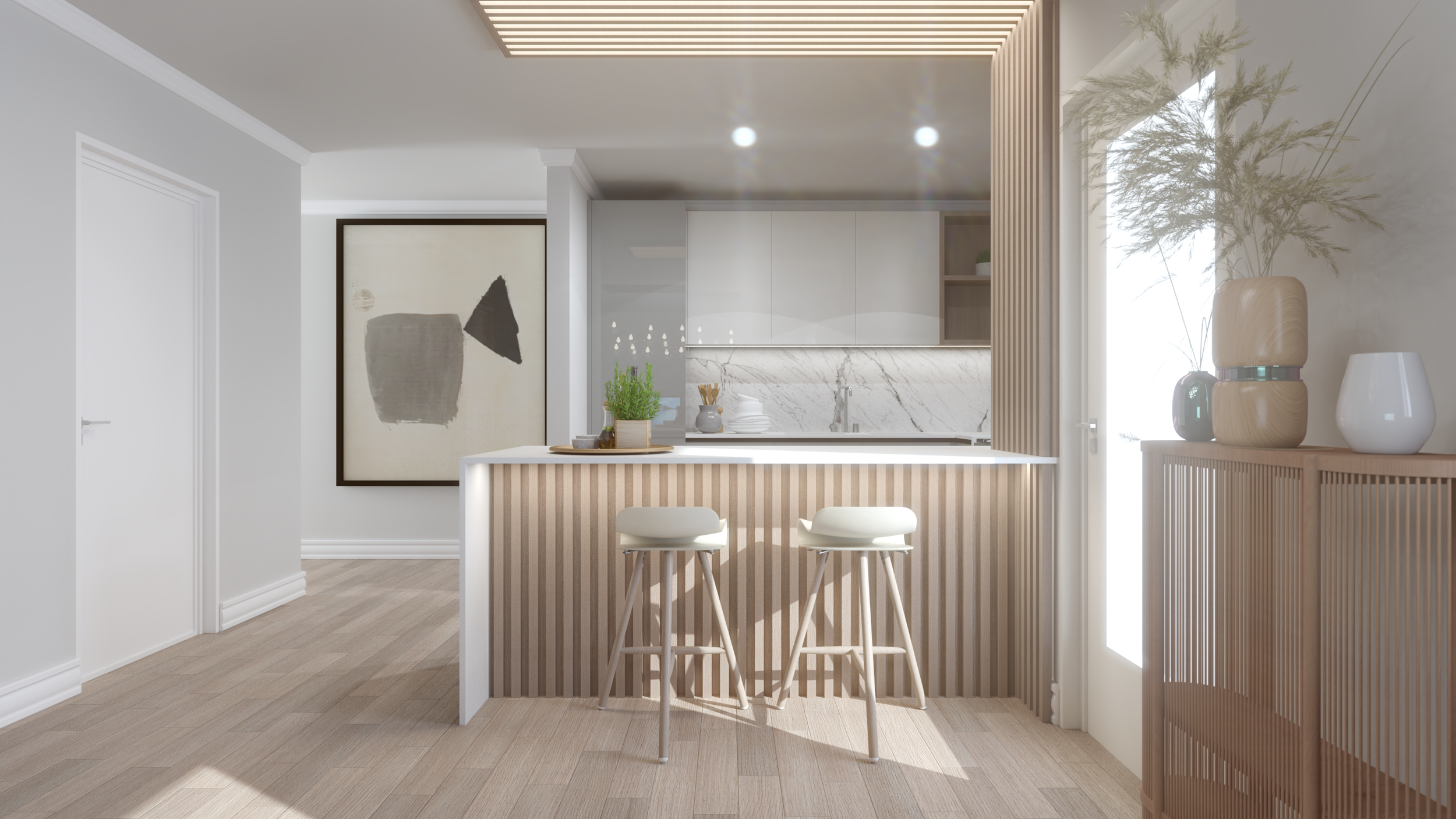 Custom lounge and kitchen joinery for House Chris in Parklands, Cape Town — bespoke interiors by Heaven Spaces.