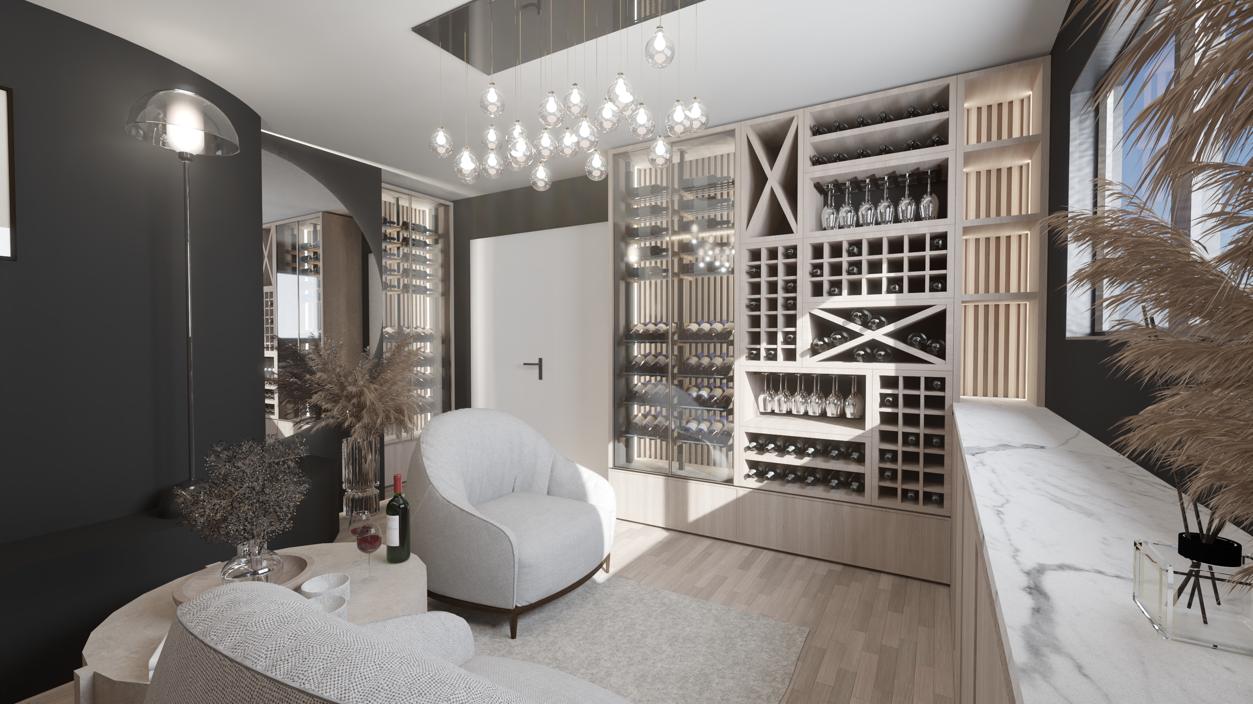 A bespoke lounge and wine room design for a home in Camps Bay, Cape Town — custom joinery by Heaven Spaces.
