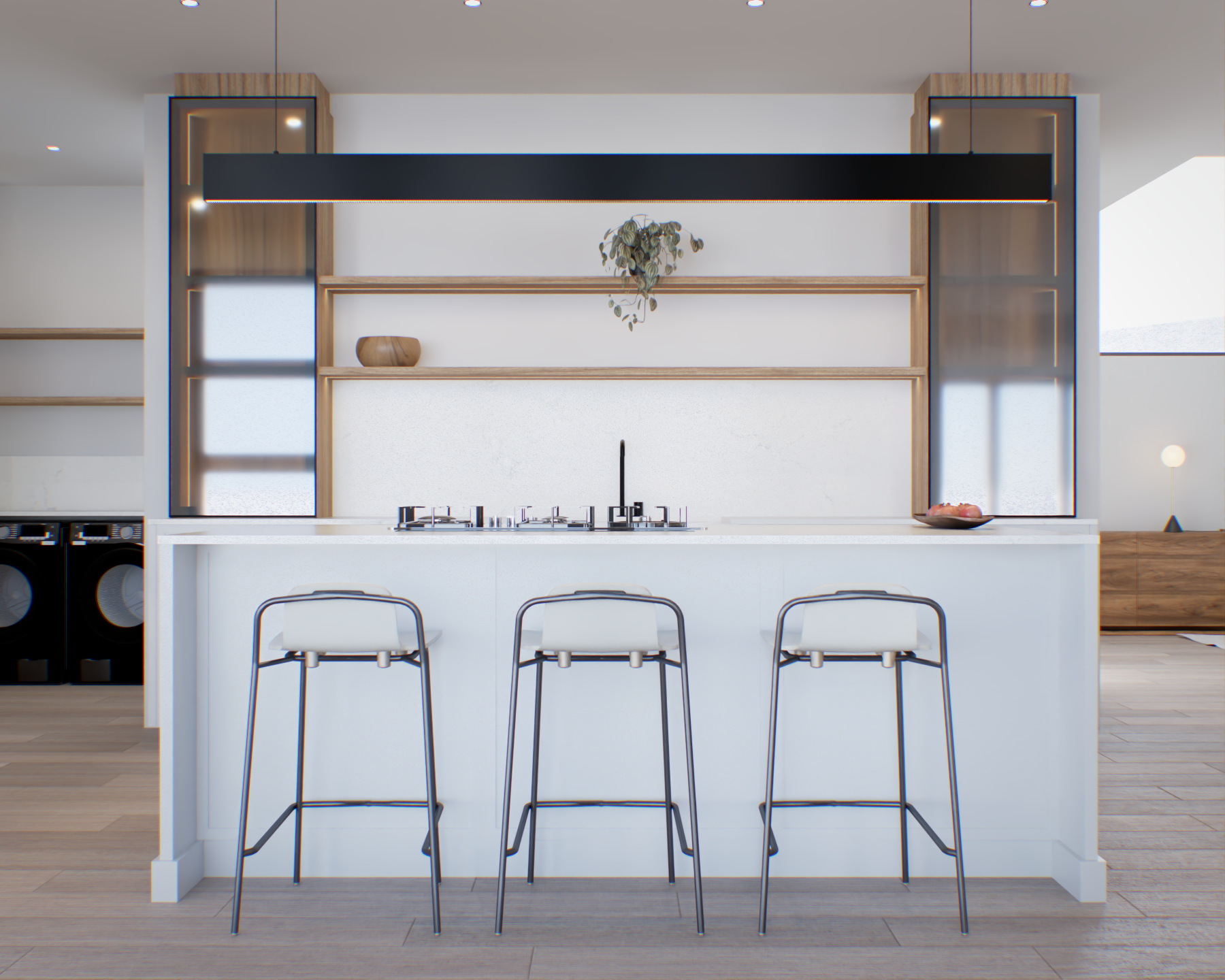 Bespoke kitchen, scullery, bar, study, dresser, bedroom and bathroom joinery for a Cape Town residence — photorealistic 3D renders by Heaven Spaces.