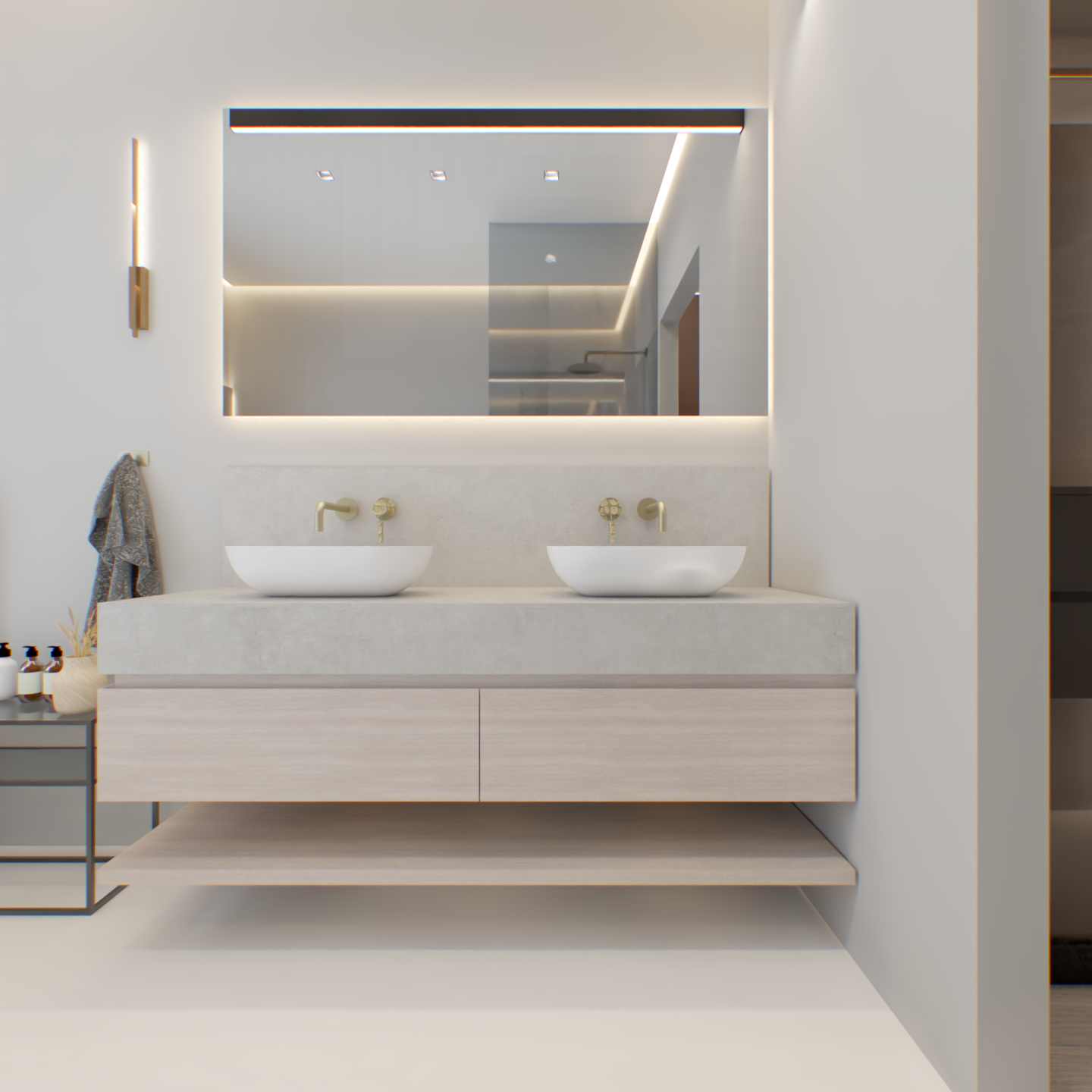 Bespoke bathroom and mudroom joinery and interior design for the Rathfelder residence, Cape Town — custom vanities, ensuites, and photorealistic 3D renders by Heaven Spaces.
(155 characters)