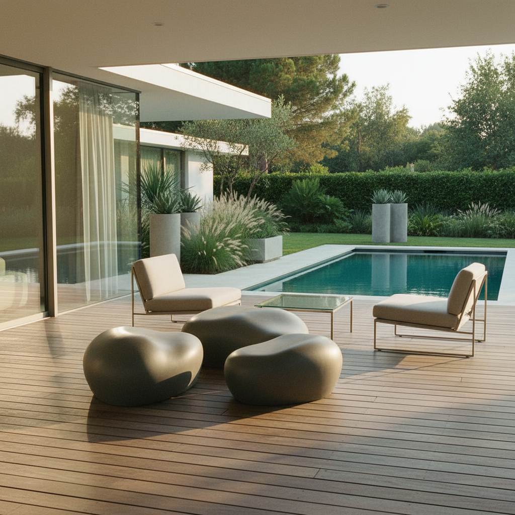 Moderner Außenbereich mit Sitzgelegenheiten, Pool und Garten im Hintergrund.