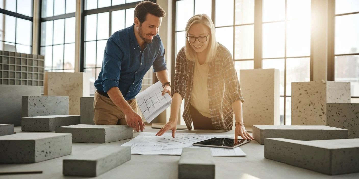 Zwei Menschen, ein Mann und eine Frau, arbeiten an einem Tisch mit Bauplänen und Betonmustern in einem hellen Loft Raum mit großen Fenstern im Industriestil.