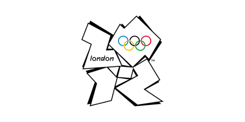 Logo of the 2012 London Olympics featuring the Olympic rings and geometric shapes.