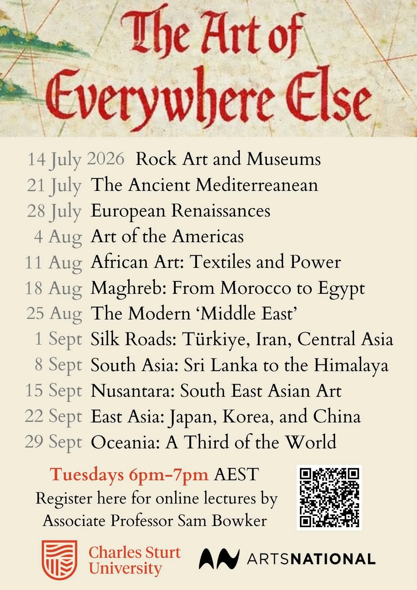 A list of dates and topics for 12 weeks of online lectures. The text is repeated on the website.